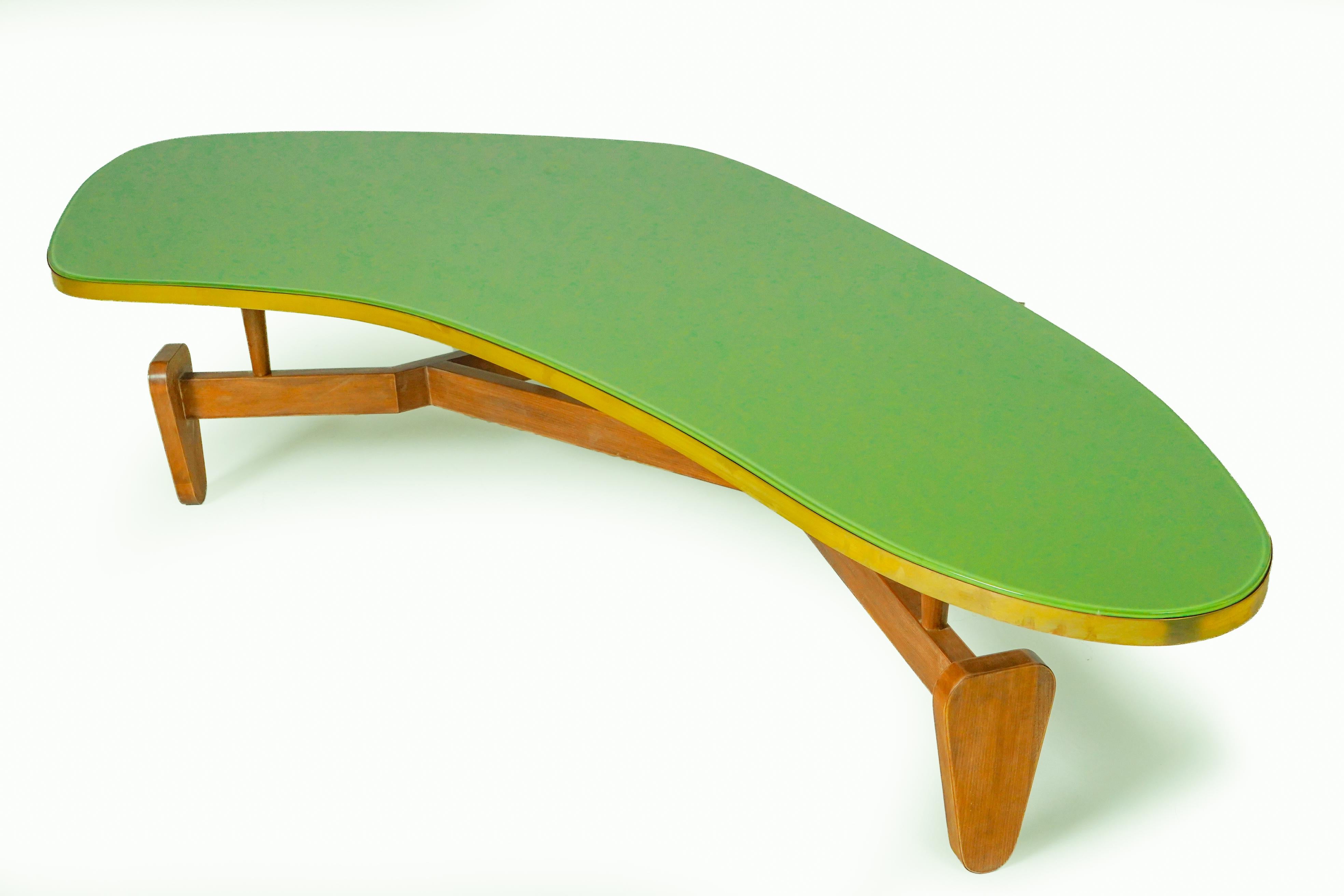 Boomerang Shape Coffee Table with Green Glass Top In Good Condition In Chicago, IL