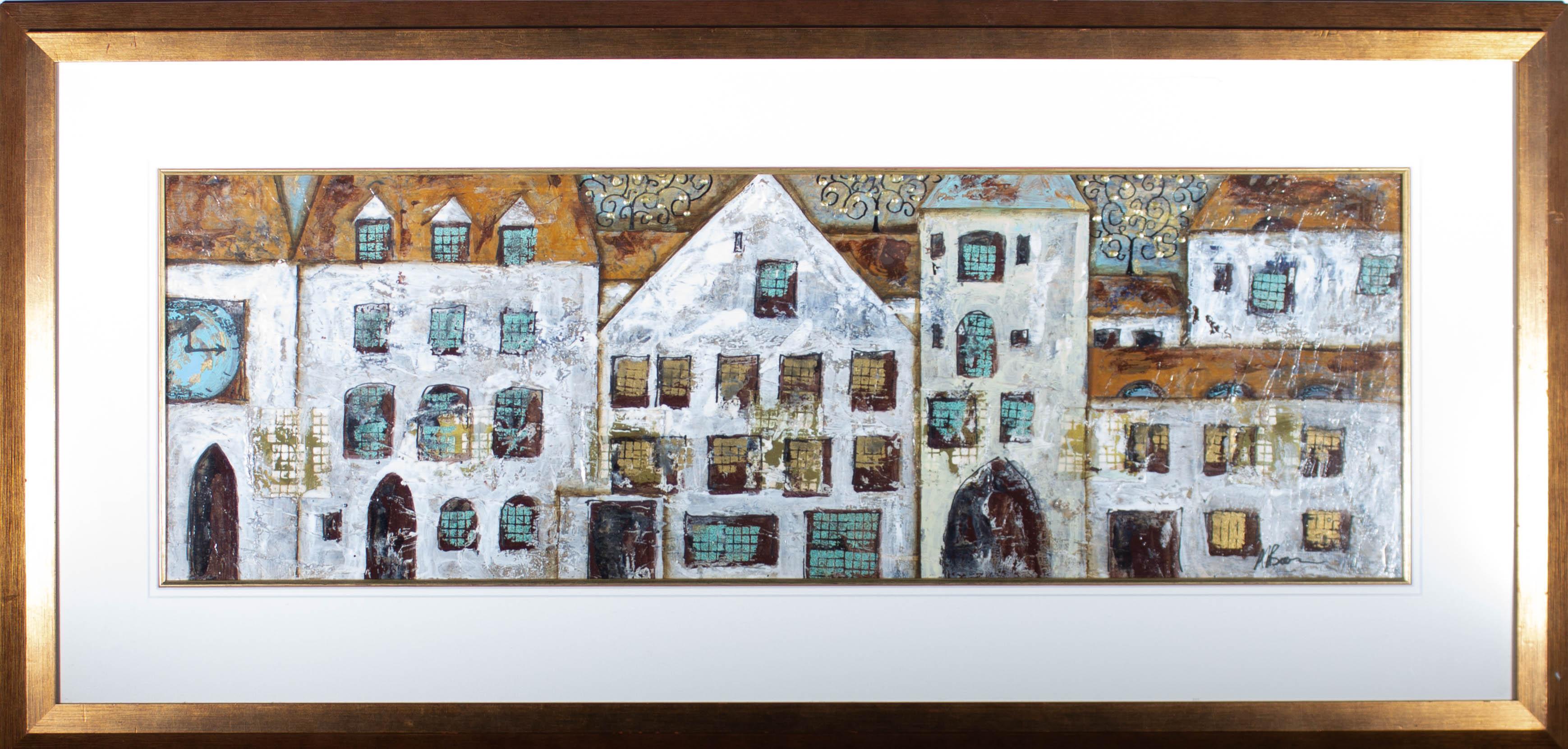 A panoramic mixed media European street scene. Presented glazed in a white double mount with a gilt-effect inner edge and a distressed gilt-effect wooden frame. Signed to the lower-right edge. On board.

