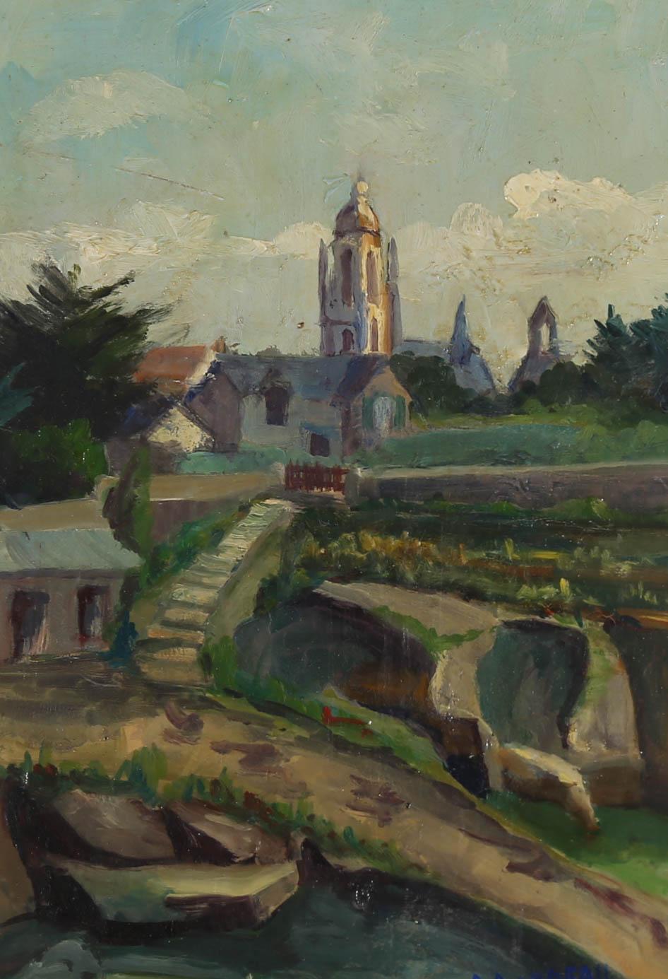This wonderful impressionistic painting in oil depicts a historic French town centred by a church. Signed to the lower right-hand corner. Well presented in a contemporary gilt frame with running pattern detail. On board.
