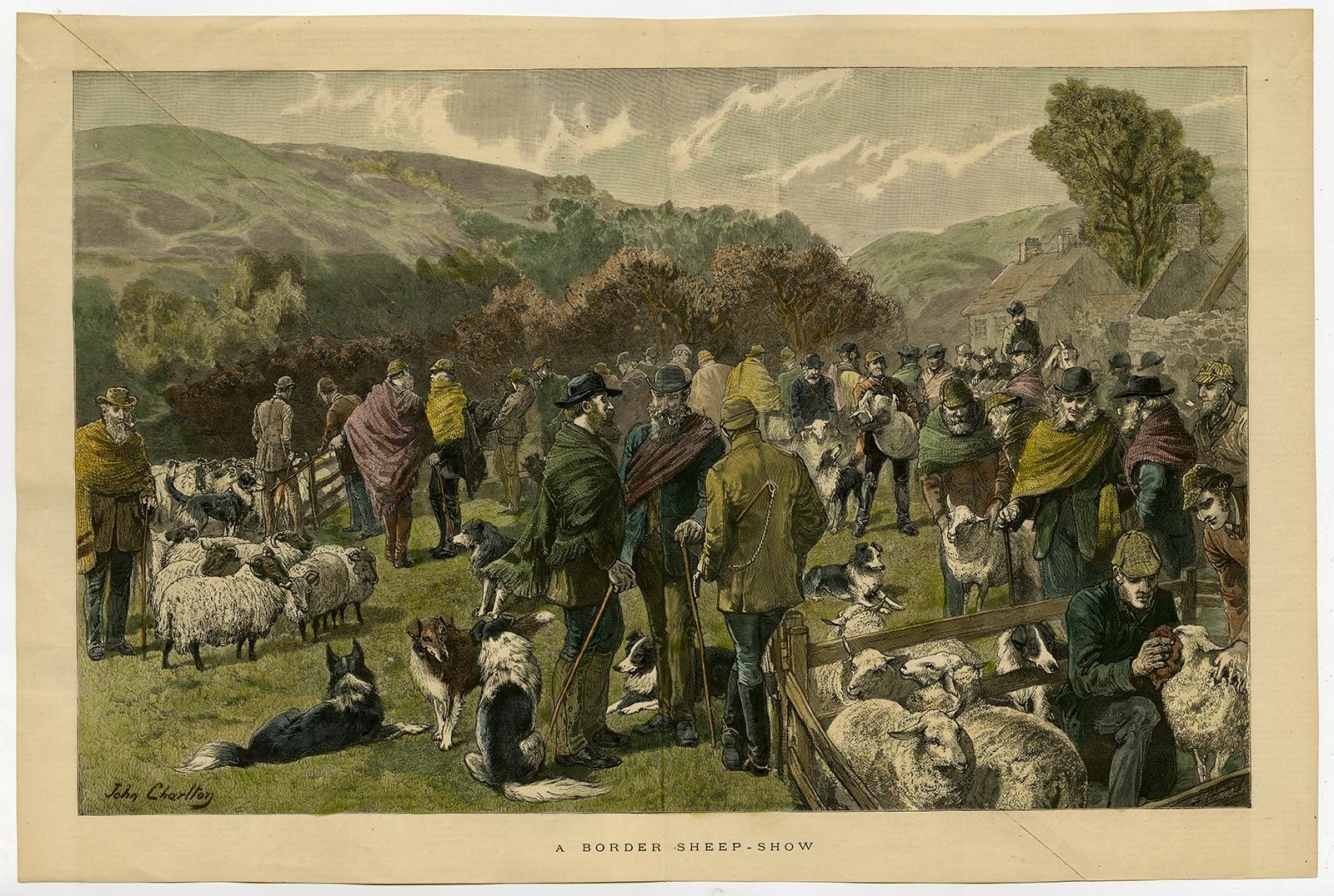 Antique print, titled: 'A Border Sheep-Show.' 

View of a sheep show with numerous figures (shepherds, wearing, among others, deerstalker hats and bowler hats), sheep and sheepdogs. Perhaps the sheep are Border Leicester sheep, so called because