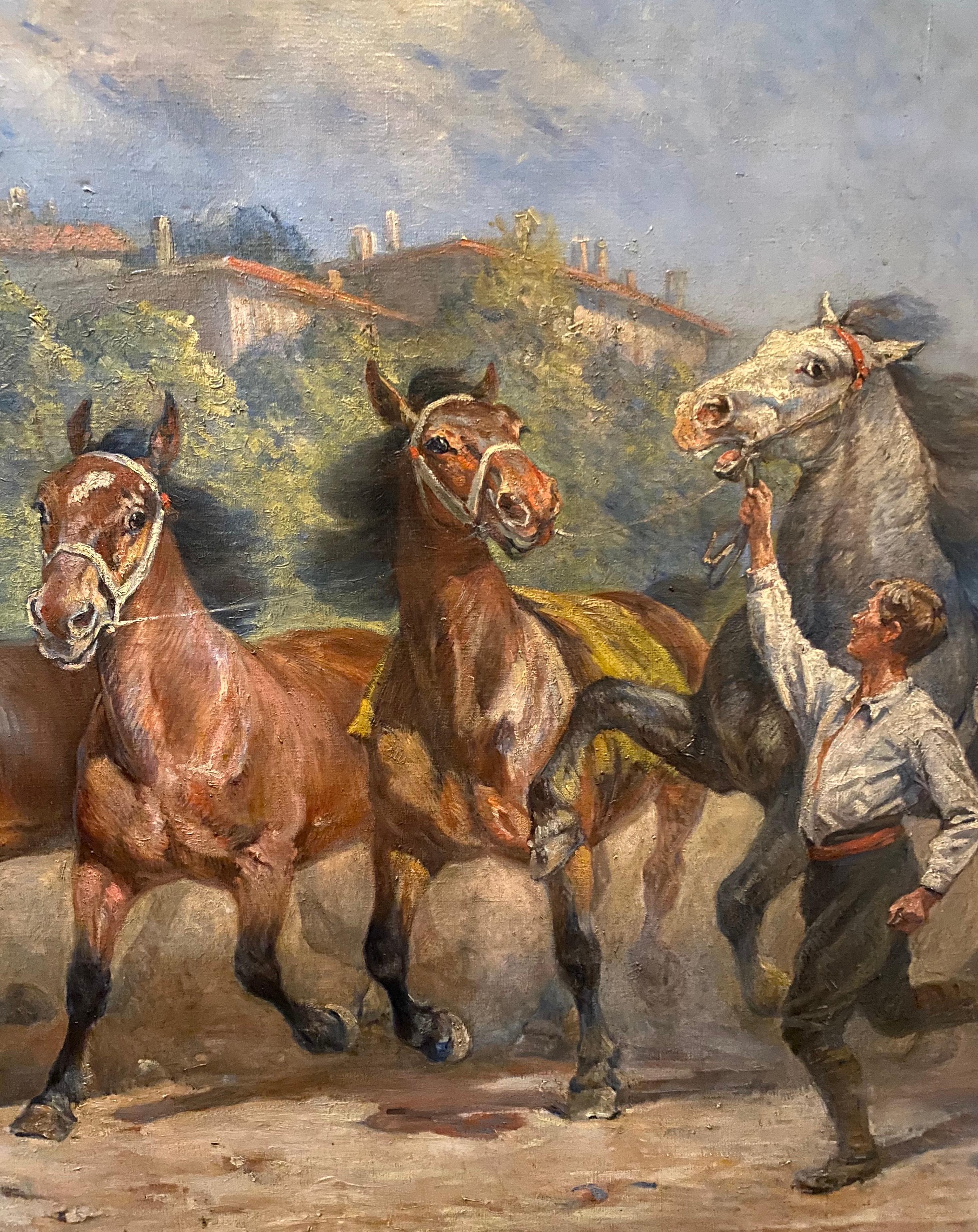 Huge Painting with Racehorses and Young Jockeys 1920' - Gray Figurative Painting by A. Bouillier