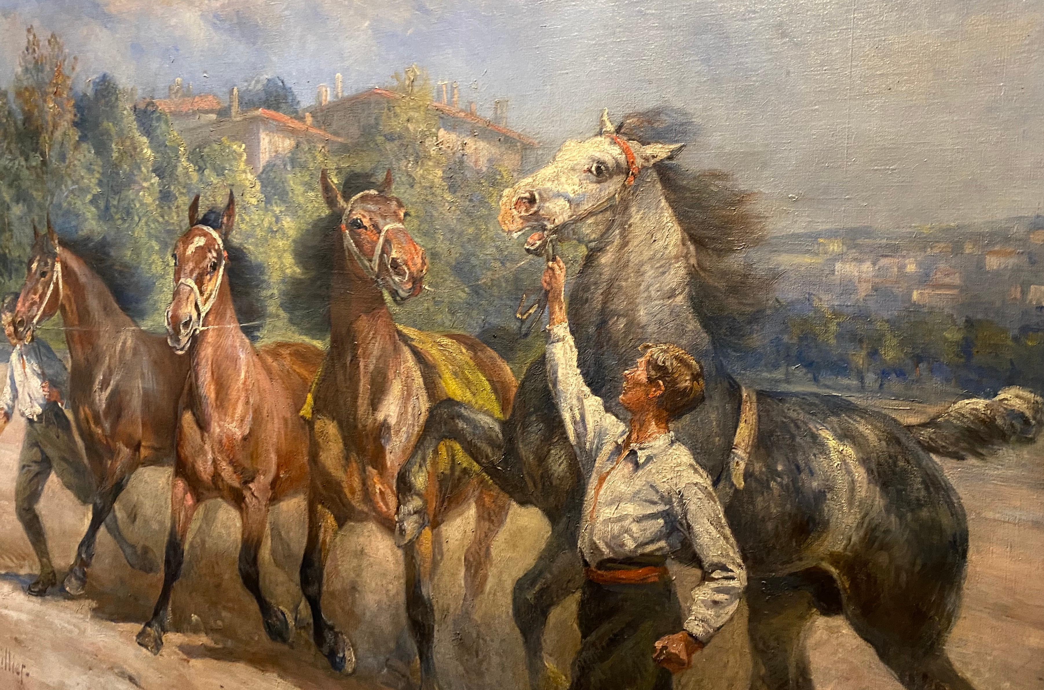 Huge Painting with Racehorses and Young Jockeys 1920' 2