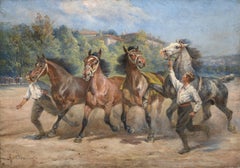 Huge Painting with Racehorses and Young Jockeys 1920'
