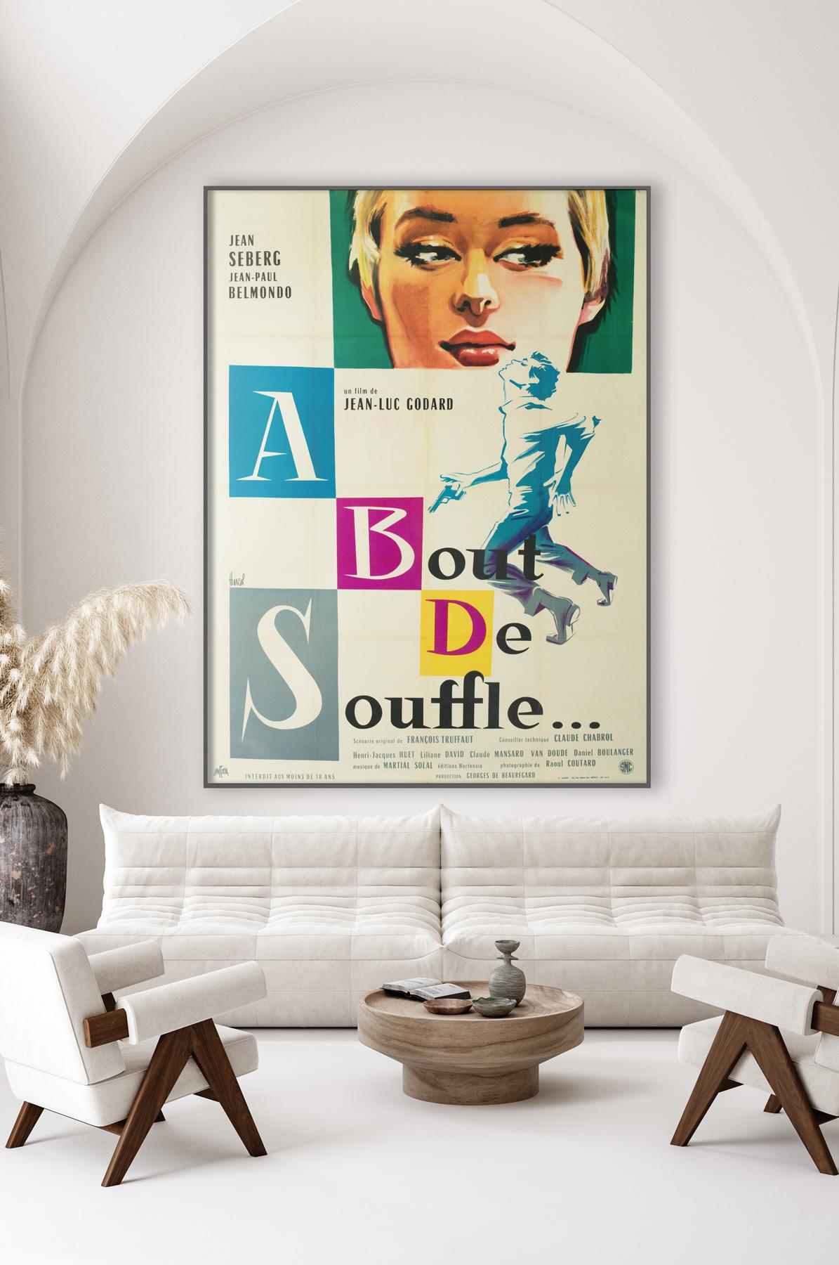 Wir bewundern dieses originale Plakat für Jean-Luc Godards bahnbrechenden New-Wave-Klassiker A Bout de Souffle (Atemlos), das im ersten Jahr der Veröffentlichung im Herkunftsland entstand. Wohl einer der besten Filme, die je gedreht wurden, und wir