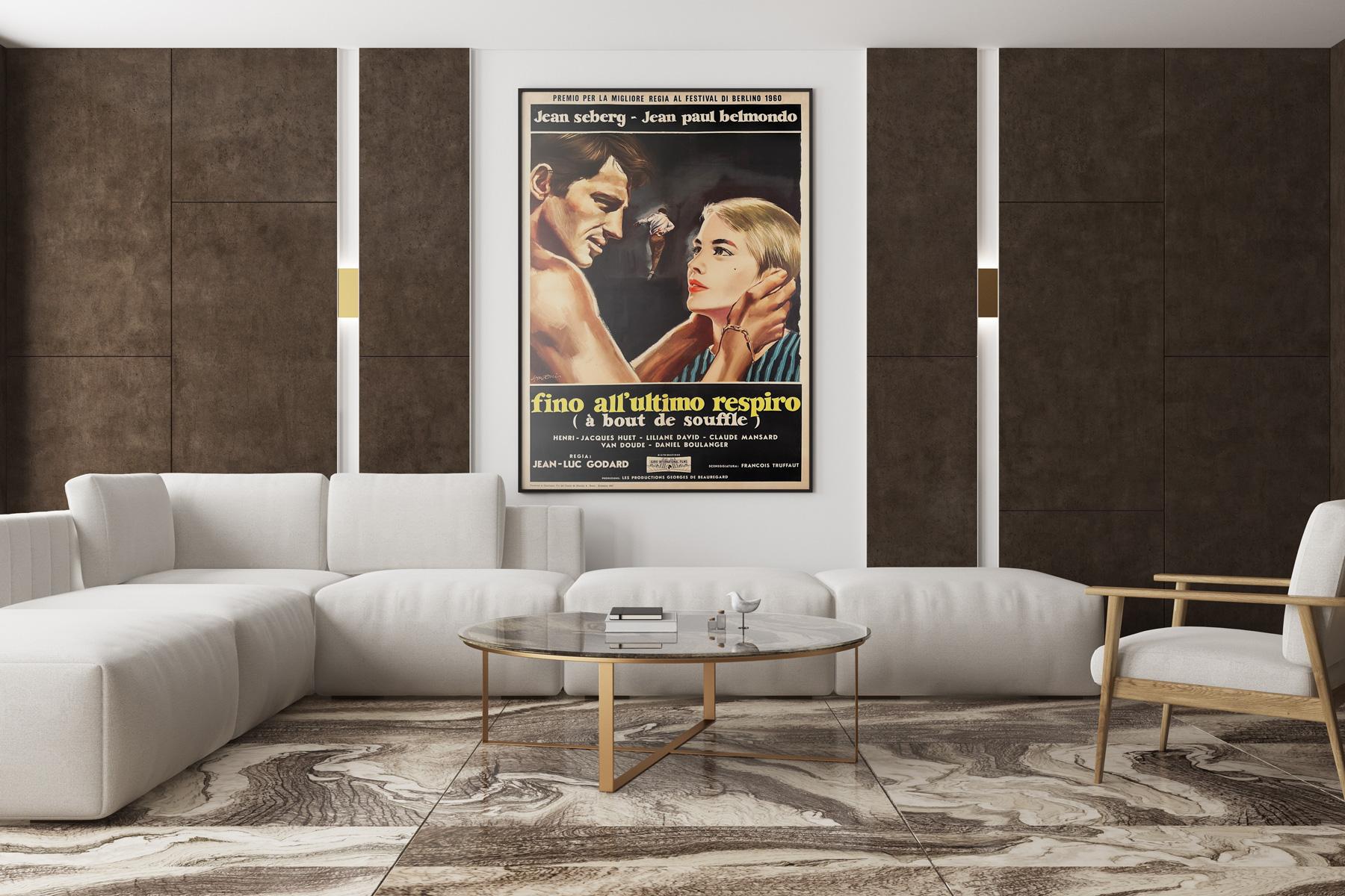 Wunderschönes italienisches 2-Foglio-Filmplakat für Jean-Luc Godards bahnbrechendes New-Wave-Krimidrama A bout de Souffle (Atemlos), das im ersten Jahr der Veröffentlichung erschien. Das Design von Sandro Symeoni, der wohl einen der besten Filme