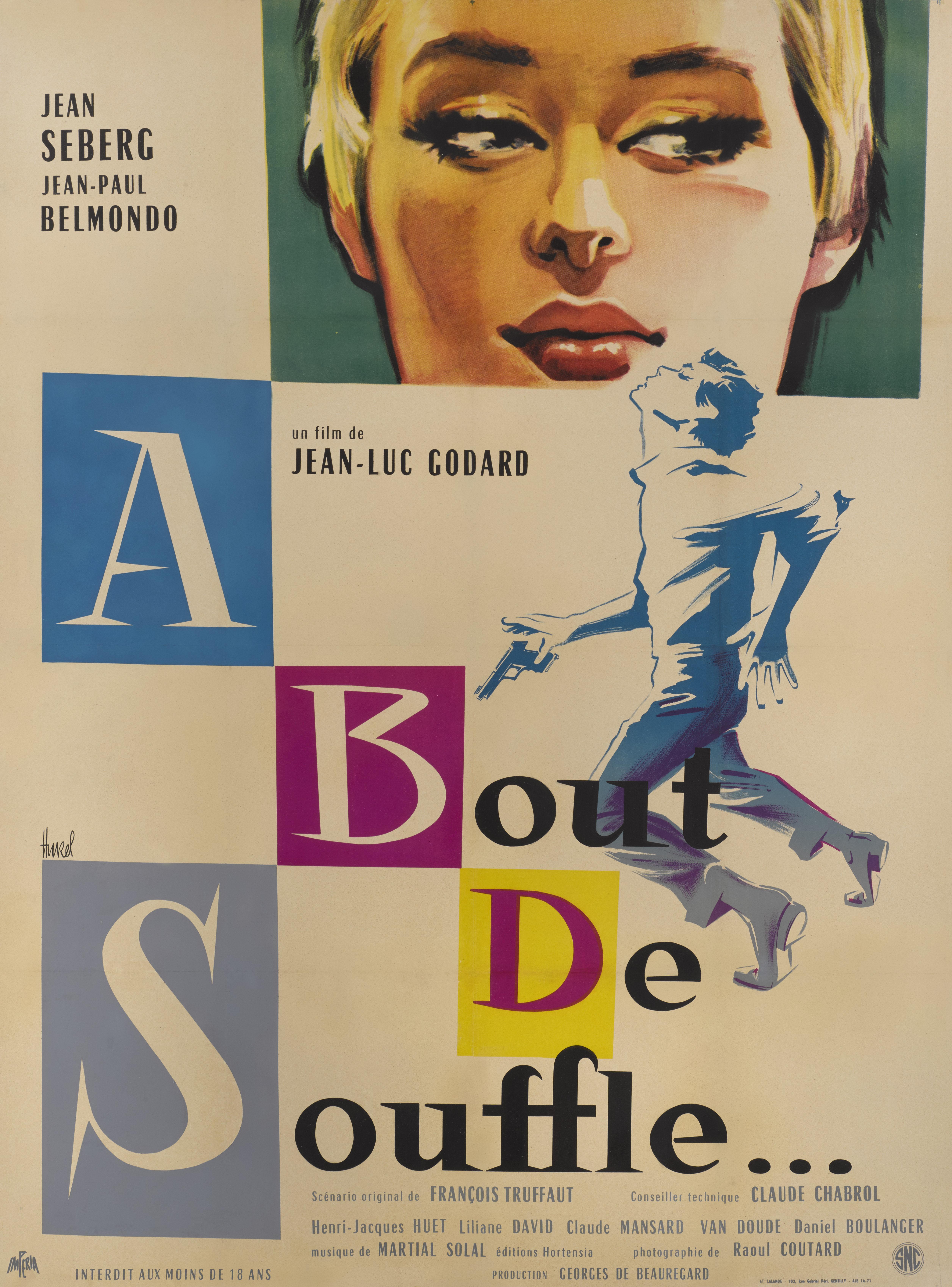 Original French film poster from the classic 1960 French New Wave film. 
This style B poster is the rarest on this title, and seldom surfaces.
This is a 1960 French New Wave film written and directed by Jean-Luc Godard, starring Jean-Paul Belmondo
