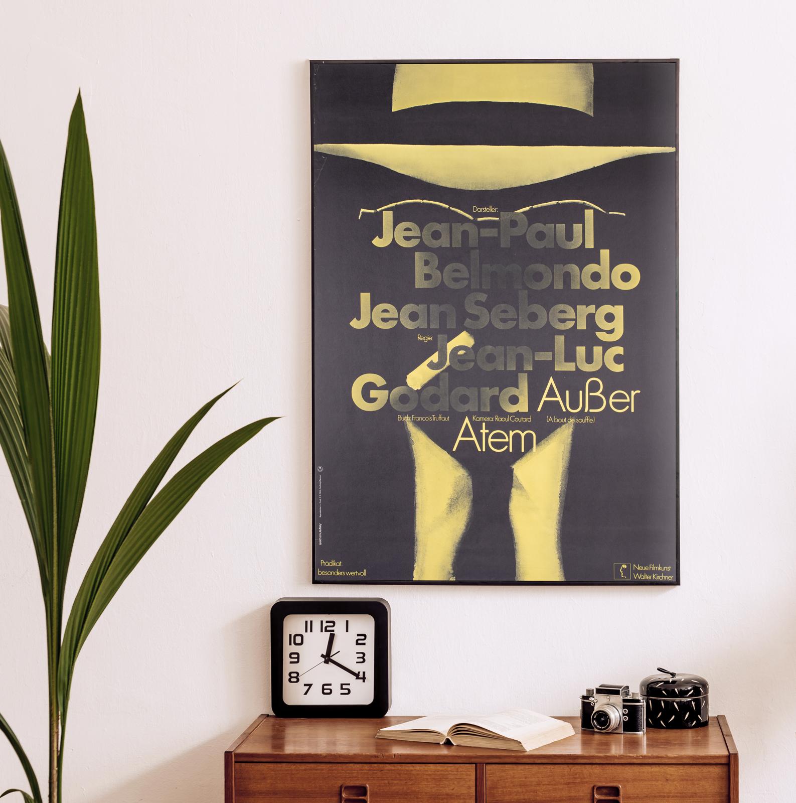 Typically superb design by Hans Hillmann features on this original German film poster for Jean-Luc Godard's seminal first feature length New Wave film, A bout de souffle (Breathless/Ausser Atem). Achingly cool.

Hans Hillmann (1925 - 2014), one of
