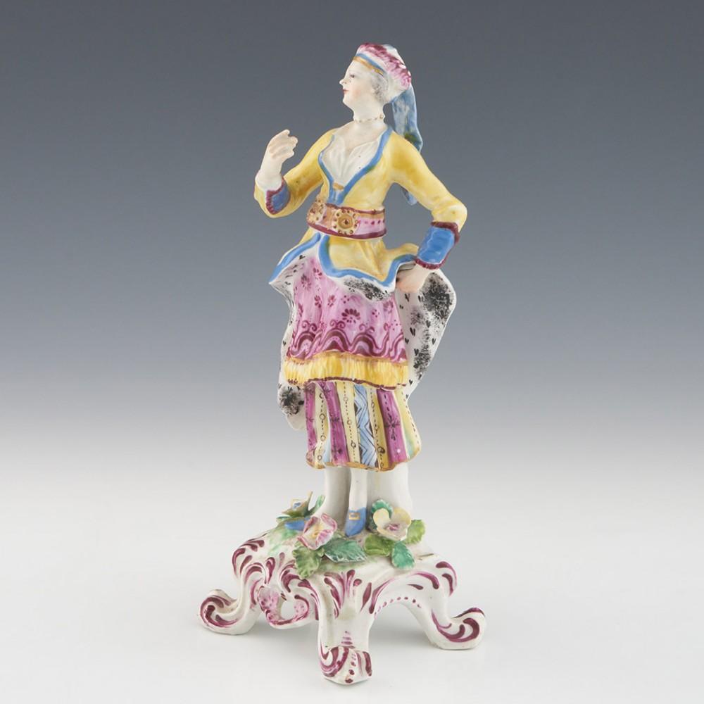 A Bow Porcelain Figure of a Female Turkish Dancer, c1765

Additional information:
Date : c1765
Period : George III
Marks : Unmarked
Origin : Bow, London
Colour : Polychrome with sparingly-applied gilt highlights (shoe and belt buckles, necklace,