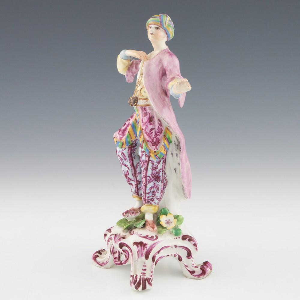 A Bow Porcelain Figure of a Turkish Dancer, c1765

Additional information:
Date : c1765
Period : George III
Marks : Unmarked. Label for Albert Amor
Origin : Bow, London
Colour : Polychrome with puce long coat
Pattern : Elaborate mix of floral robes.