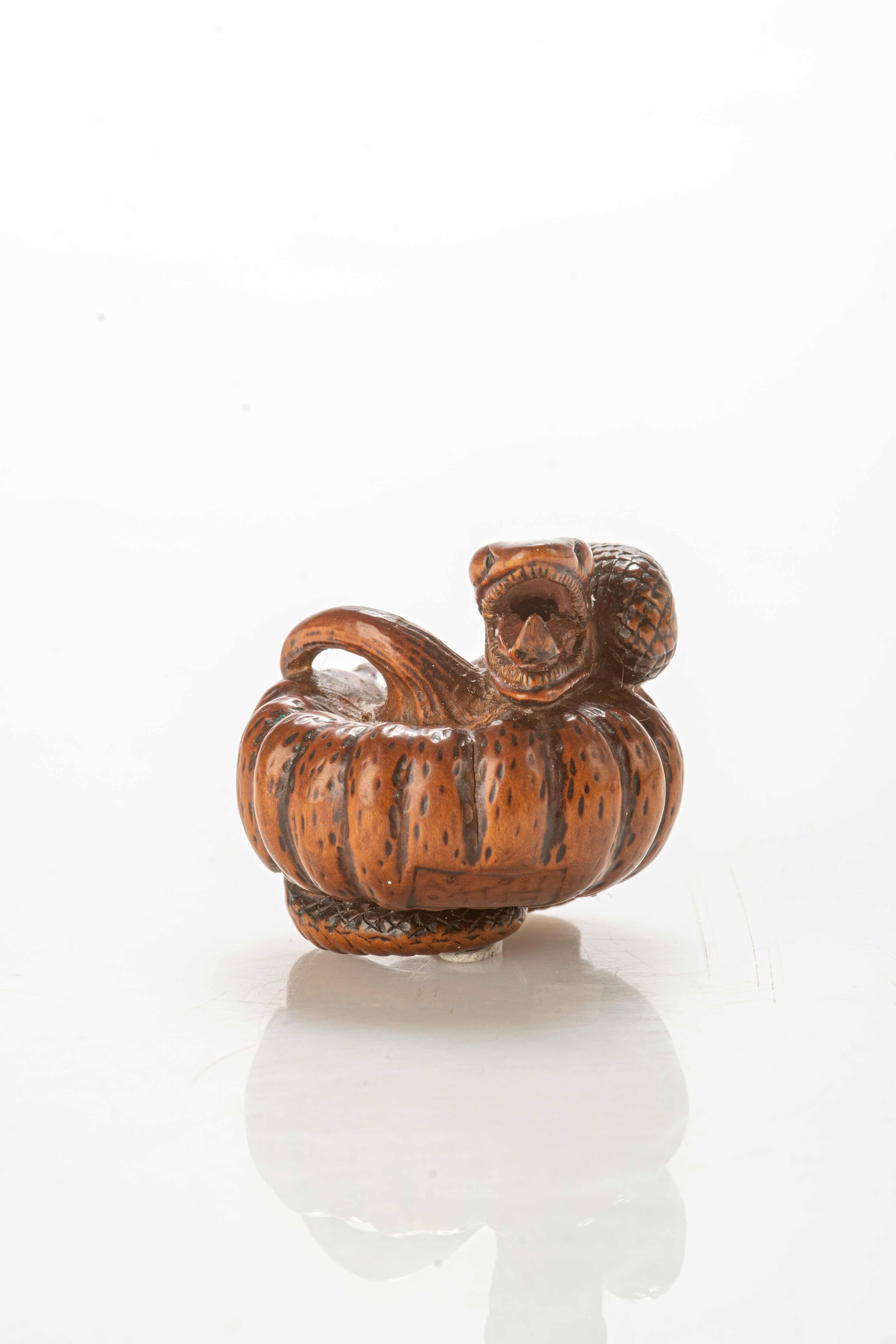 Boxwood netsuke depicting a snake wrapping around a pumpkin.

The snake is a symbol often associated with rebirth, transformation while the pumpkin is a symbol of fertility, abundance and prosperity in Japanese tradition.

Signed Yoshimasa (吉正)