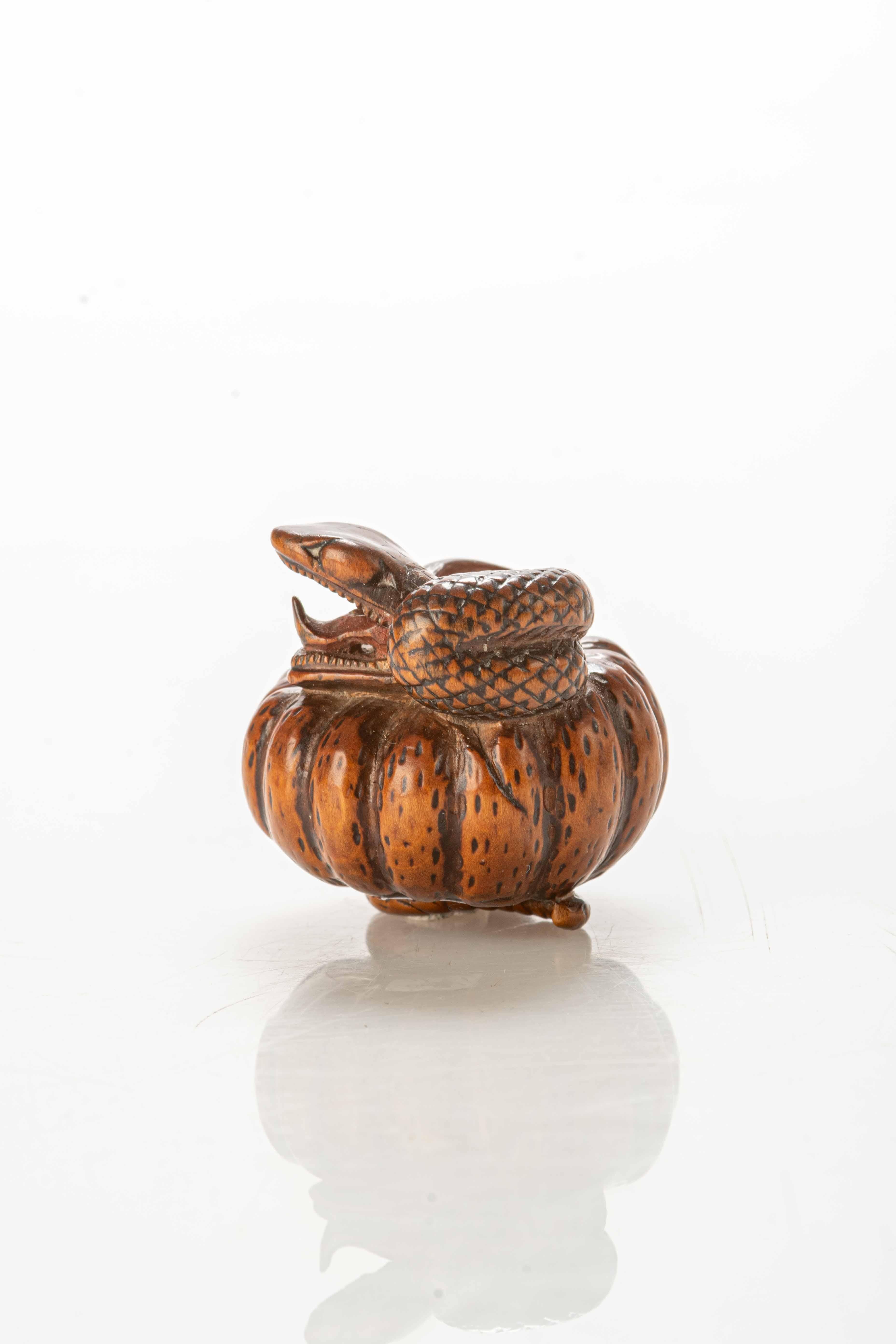 Japonisme A boxwood netsuke depicting a snake wrapping around a pumpkin For Sale