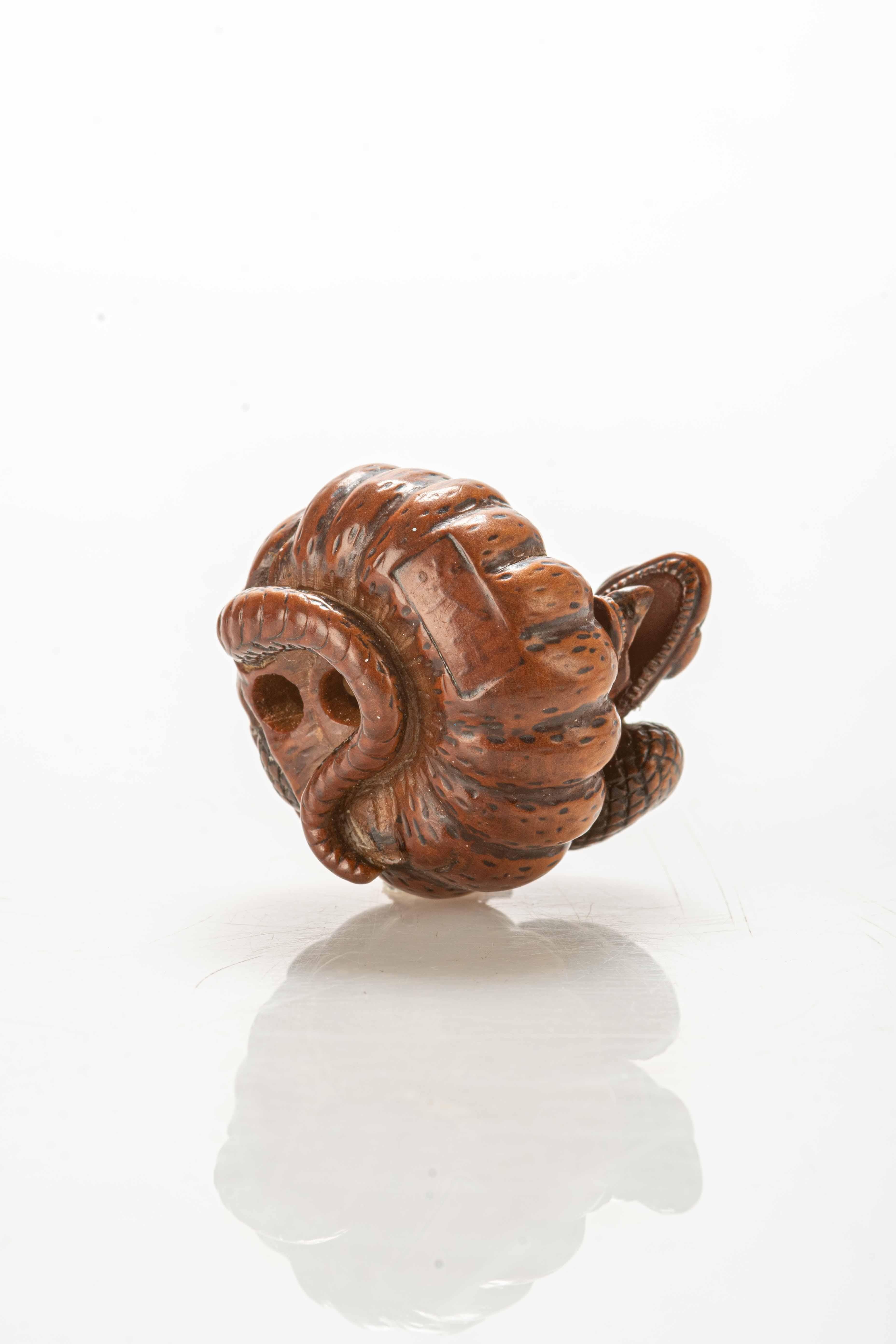 Japanese A boxwood netsuke depicting a snake wrapping around a pumpkin For Sale