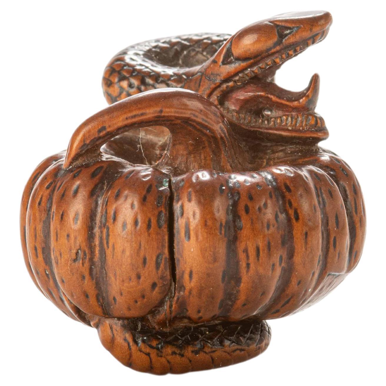 A boxwood netsuke depicting a snake wrapping around a pumpkin For Sale