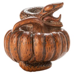 Antique A boxwood netsuke depicting a snake wrapping around a pumpkin