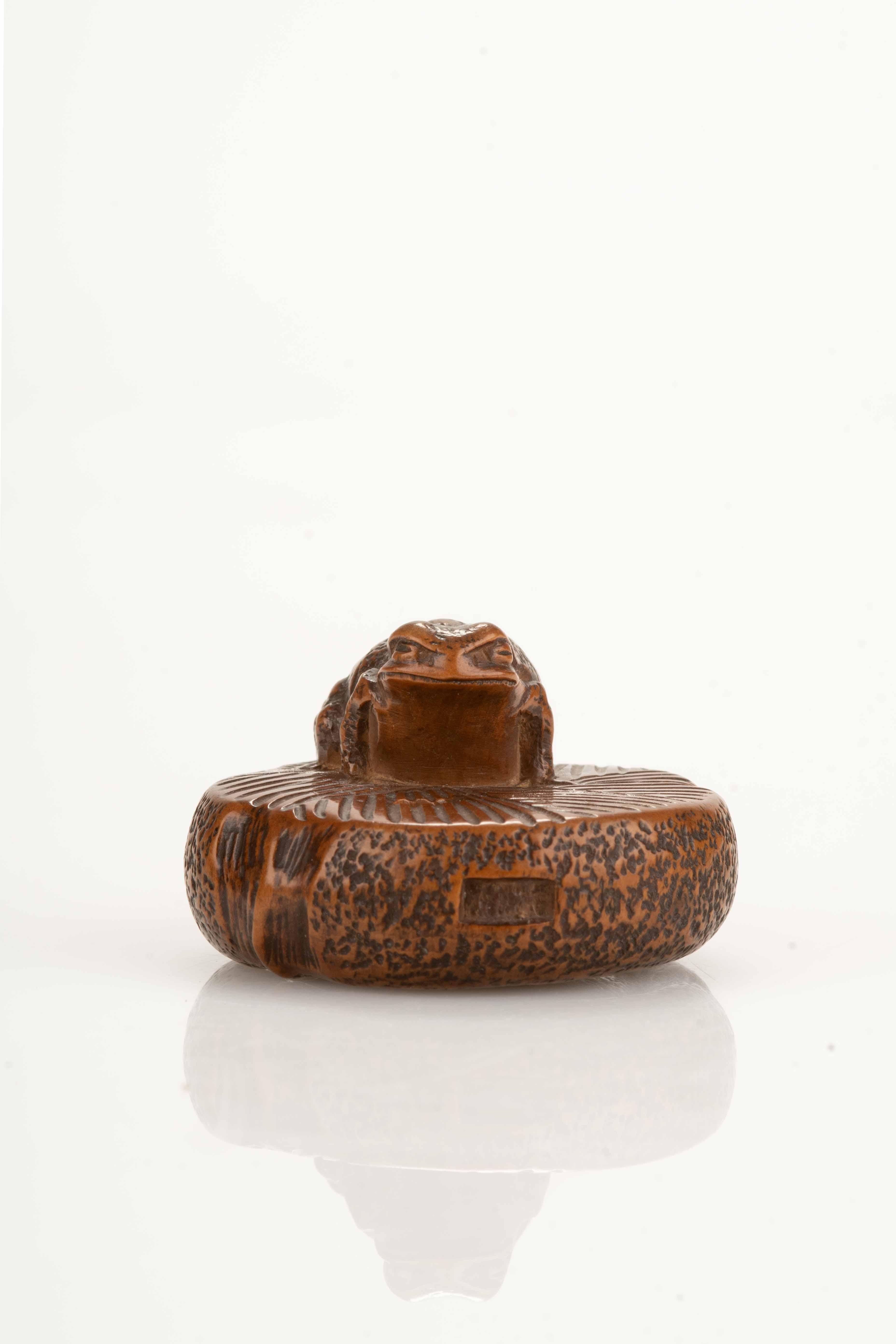 Boxwood netsuke depicting a toad climbing a circular stone millstone. The toad's wrinkled skin is meticulously engraved to create a realistic appearance. The netsuke has a shiny patina with varying shades that enhance the natural beauty of the
