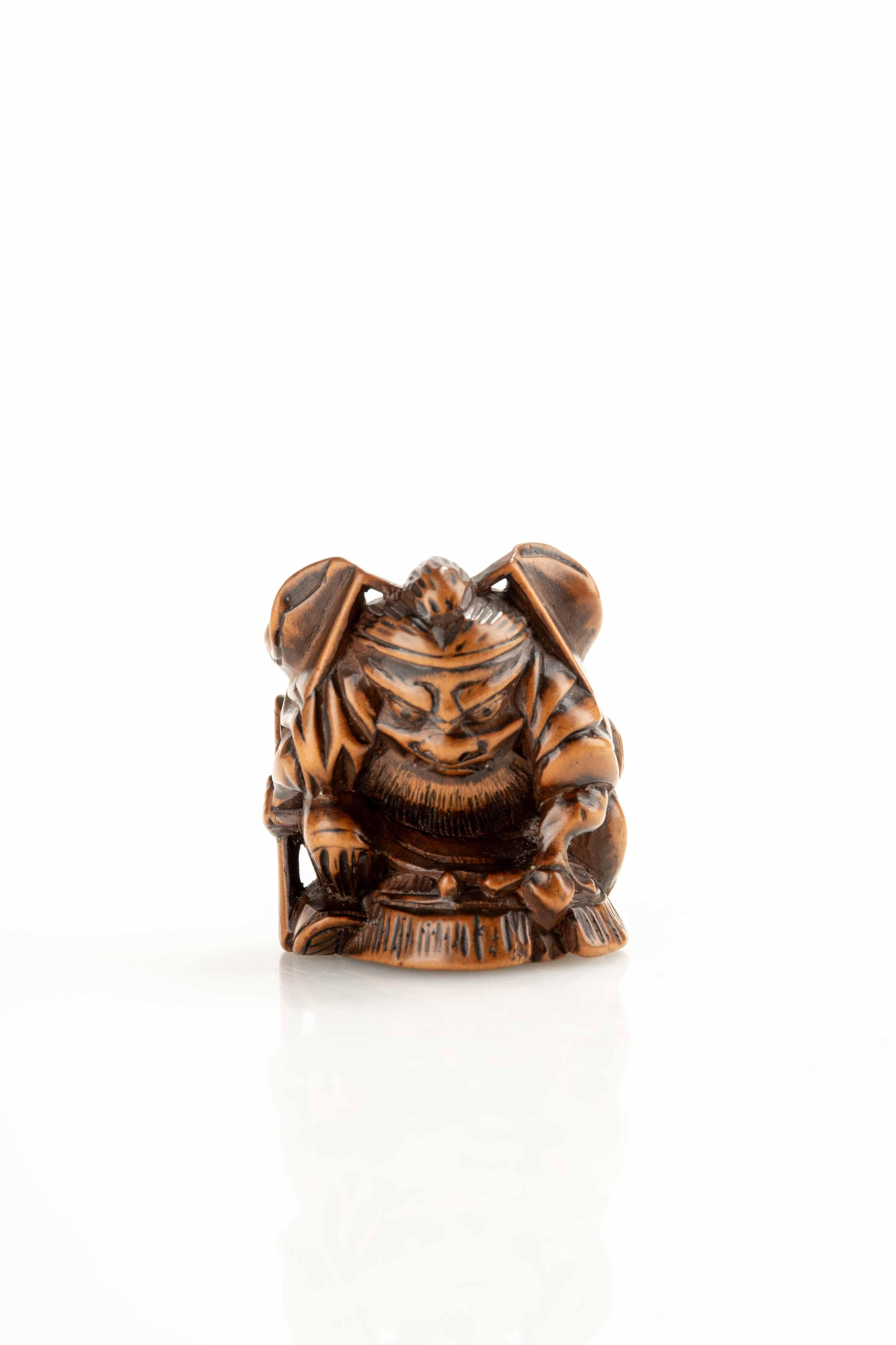 Netsuke en buis de Shoki avec un Oni en vente 1