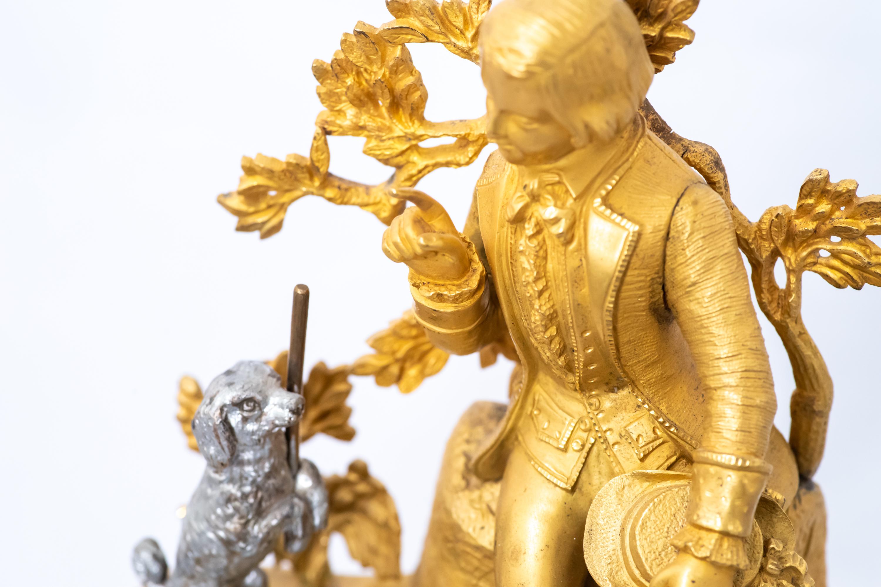 A Boy and His Dog, 19th Century French Fire-Gilt Bronze Clock For Sale 4