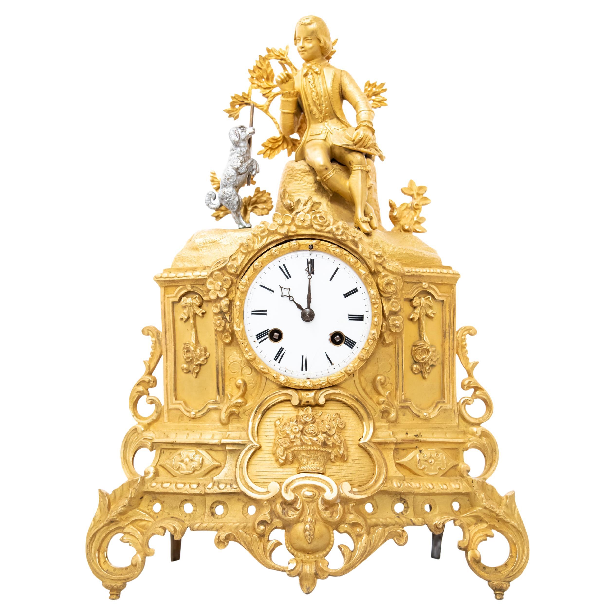 A Boy and His Dog, 19th Century French Fire-Gilt Bronze Clock For Sale
