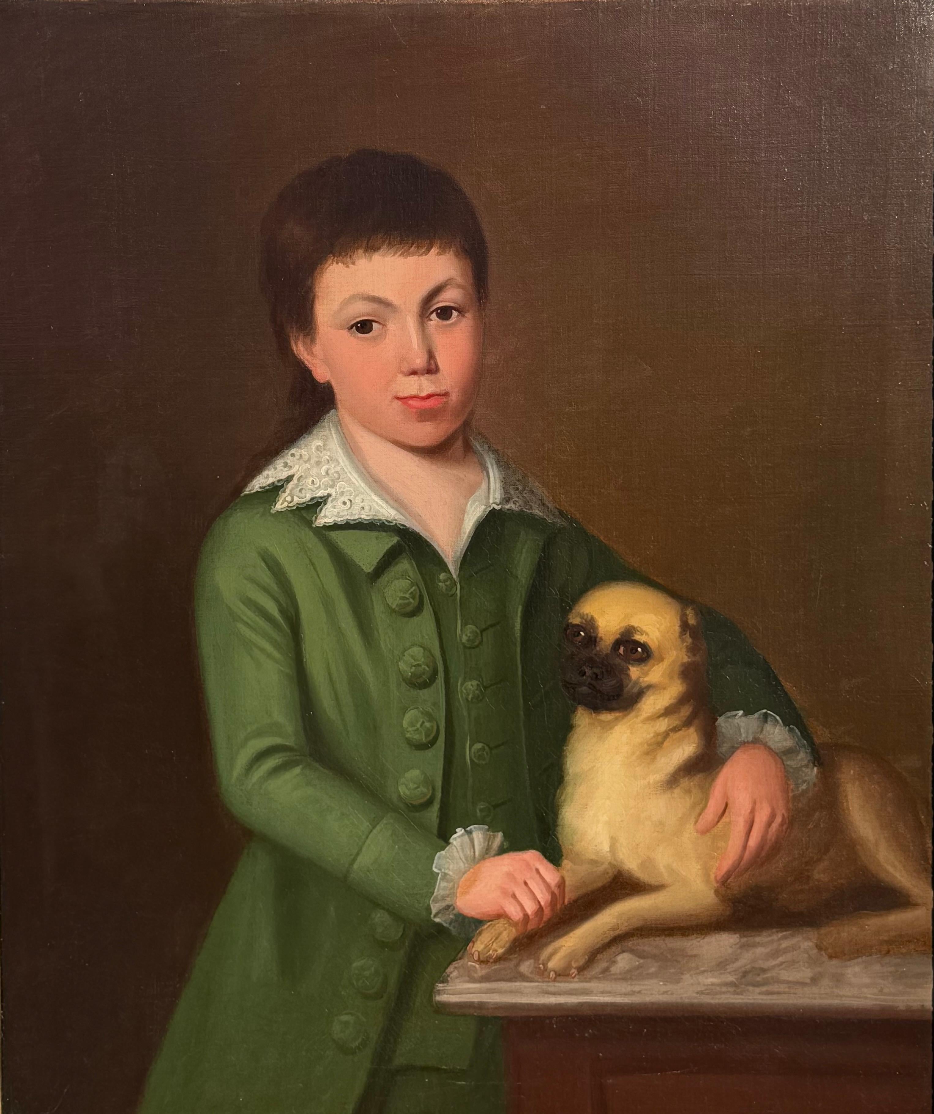 Fantastic early portrait of a young man and his pug dog.  This painting is most likely British, but it could also be from continental Europe.  It dates from the late 18th to the early 19th century and is well executed.  The painting was