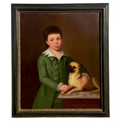 "A Boy and His Pug Dog" Early 19th Century Painting