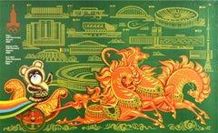 Affiche vintage d'origine des Jeux olympiques de Moscou Bienvenue Khokhloma Troika Misha Bear