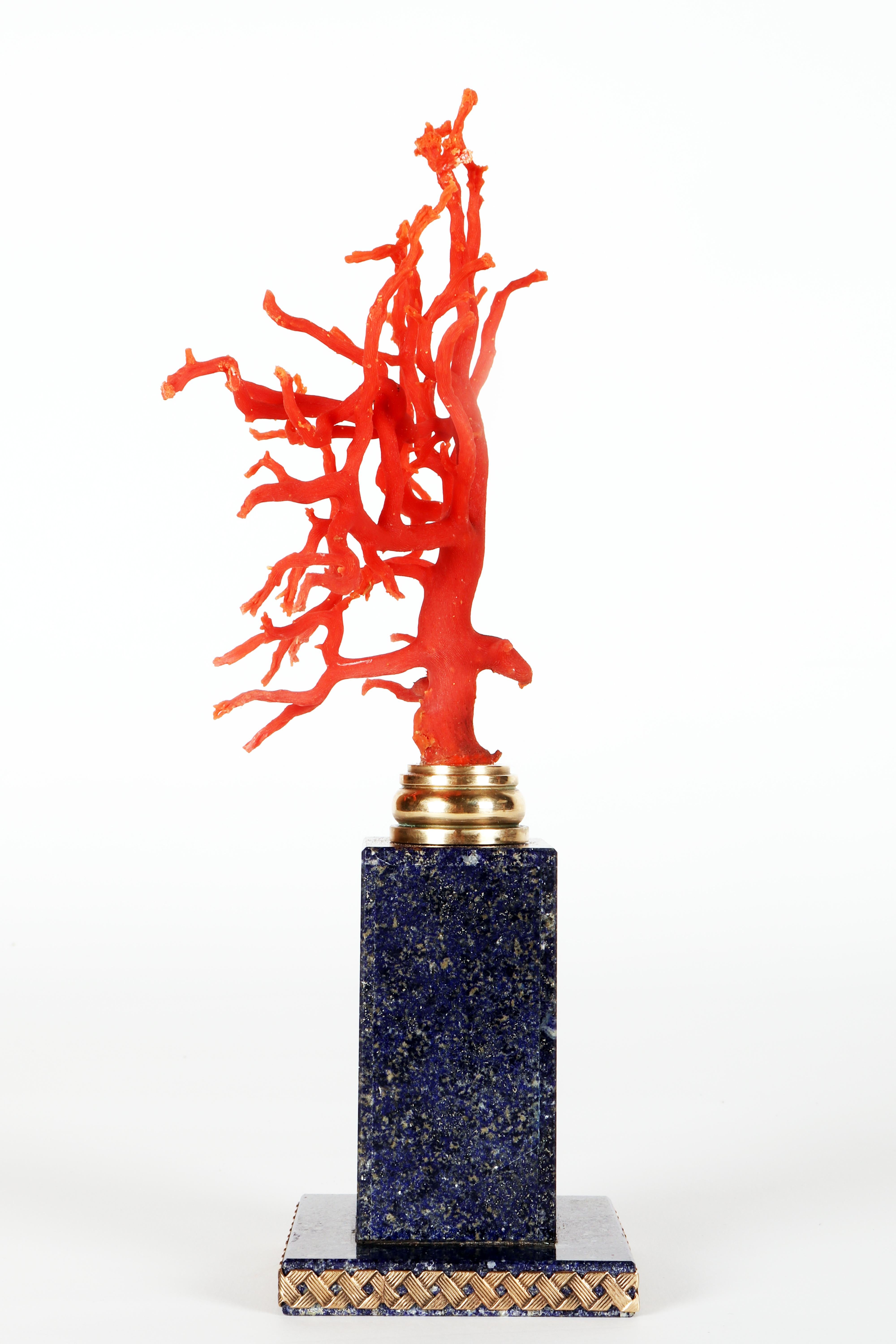 19th Century A branch of Mediterranean red coral on a lapis lazuli base, Italy 1880s. For Sale