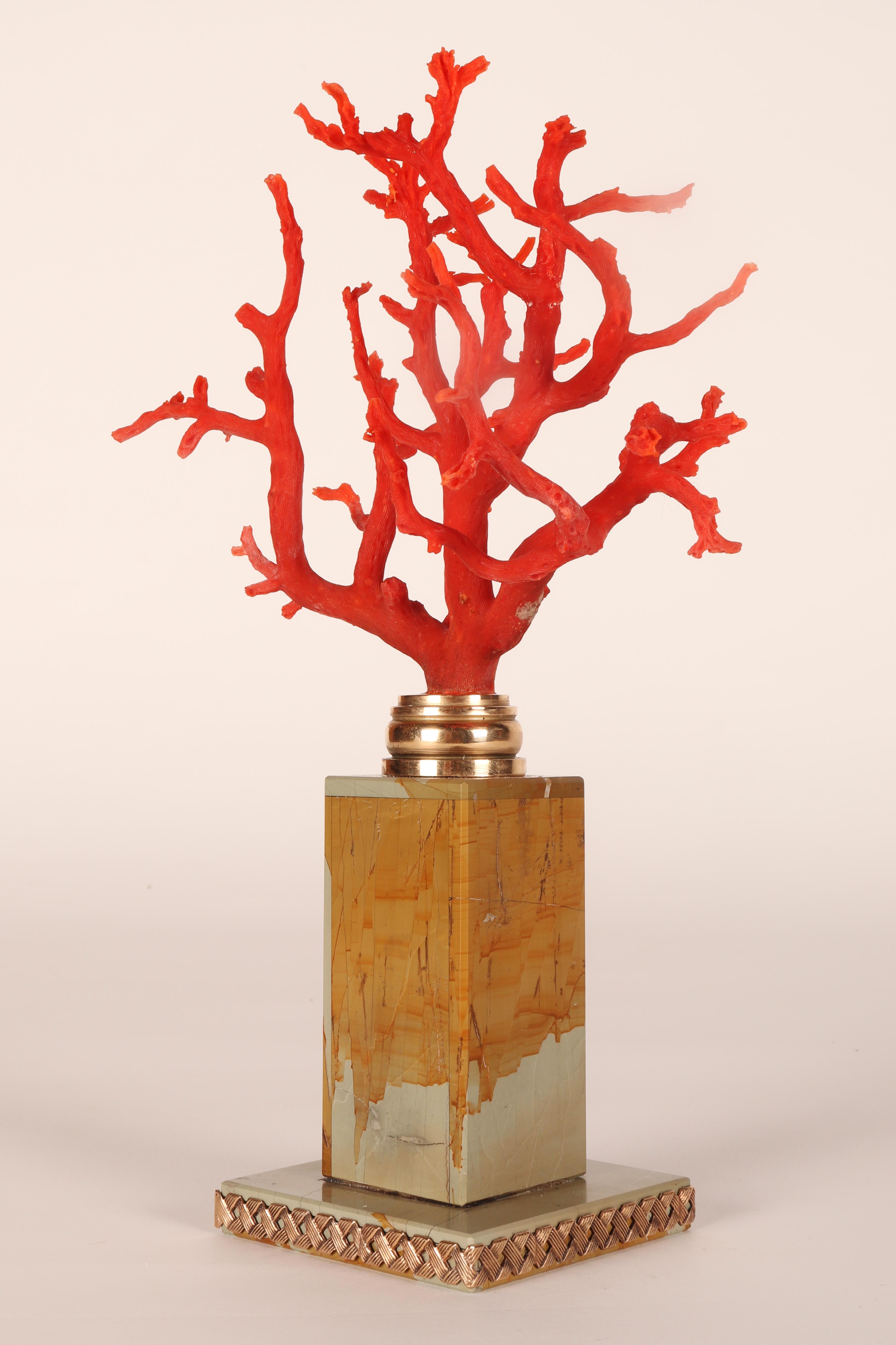 Ein Ast aus roter Mittelmeerkoralle auf einem Sockel aus Paesina-Stein, Italien, 1880er Jahre. (Bronze) im Angebot