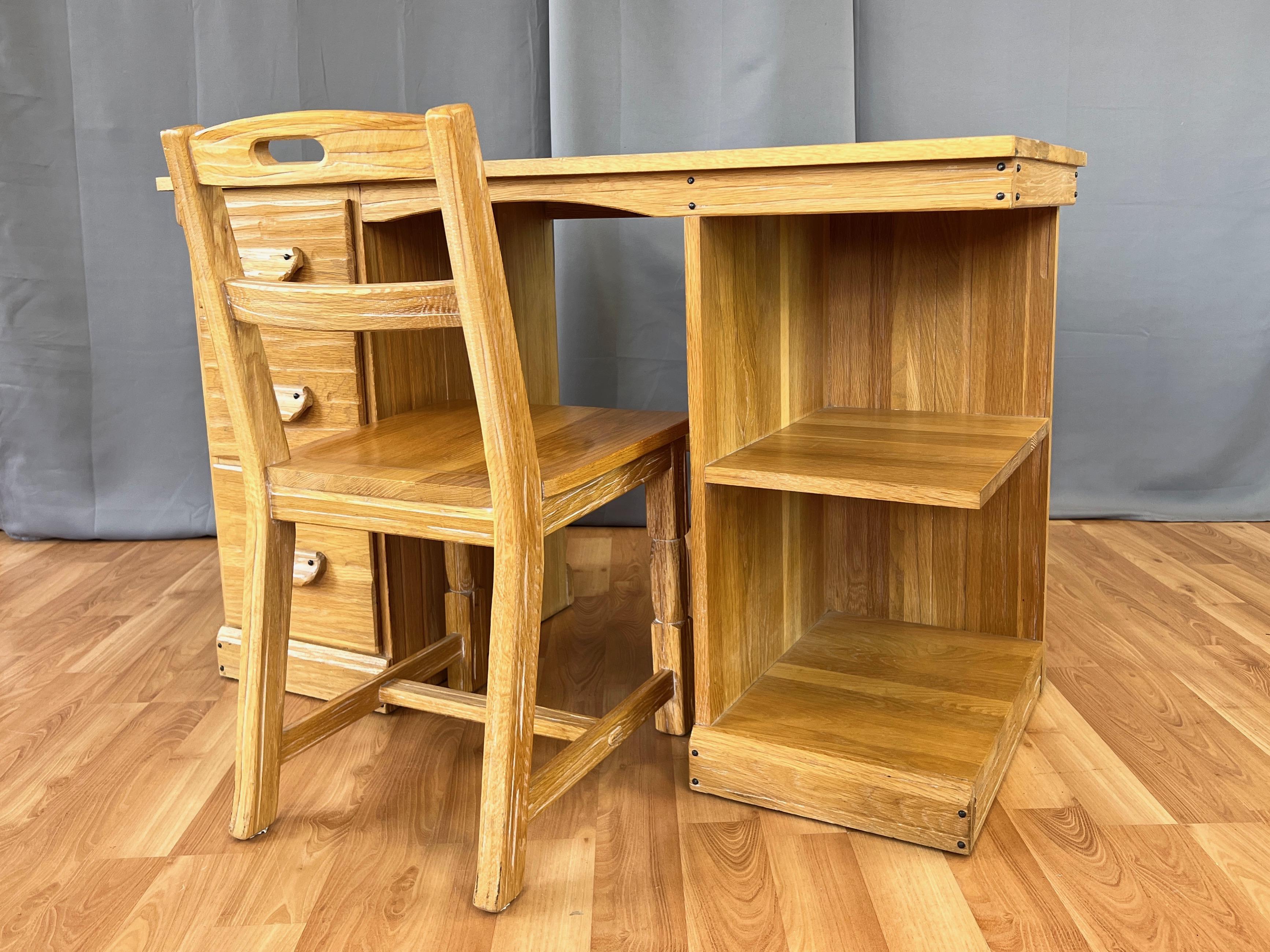 A very handsome mid-century A. Brandt Co. Ranch Oak desk and chair set with a great classic American West look.

Hand-crafted design features rustic hand-carved and chiseled details on both the desk and chair, which have a warm honey oak finish and