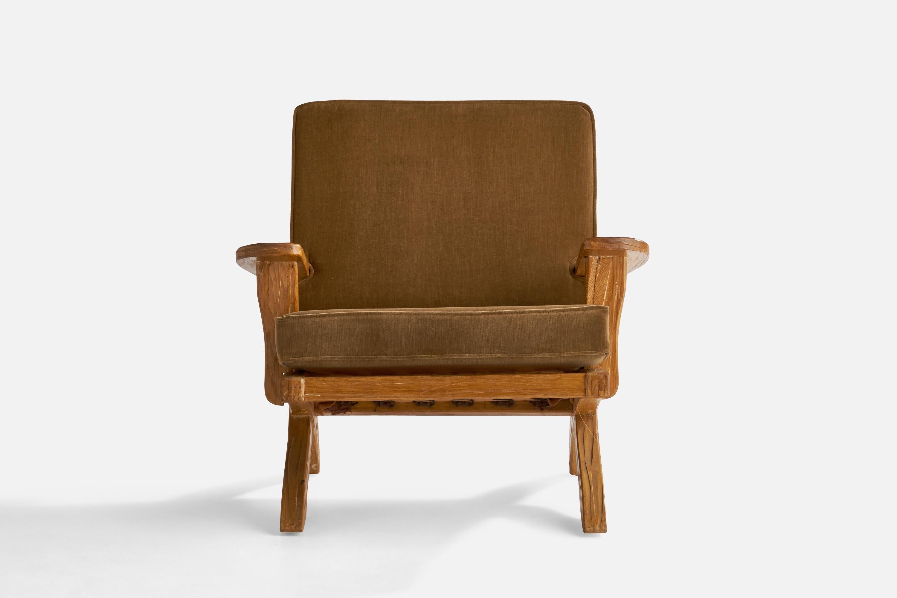 Mid-Century Modern A. Brandt Ranch Oak, Lounge Chair, Velvet, Oak, USA, 1950s For Sale