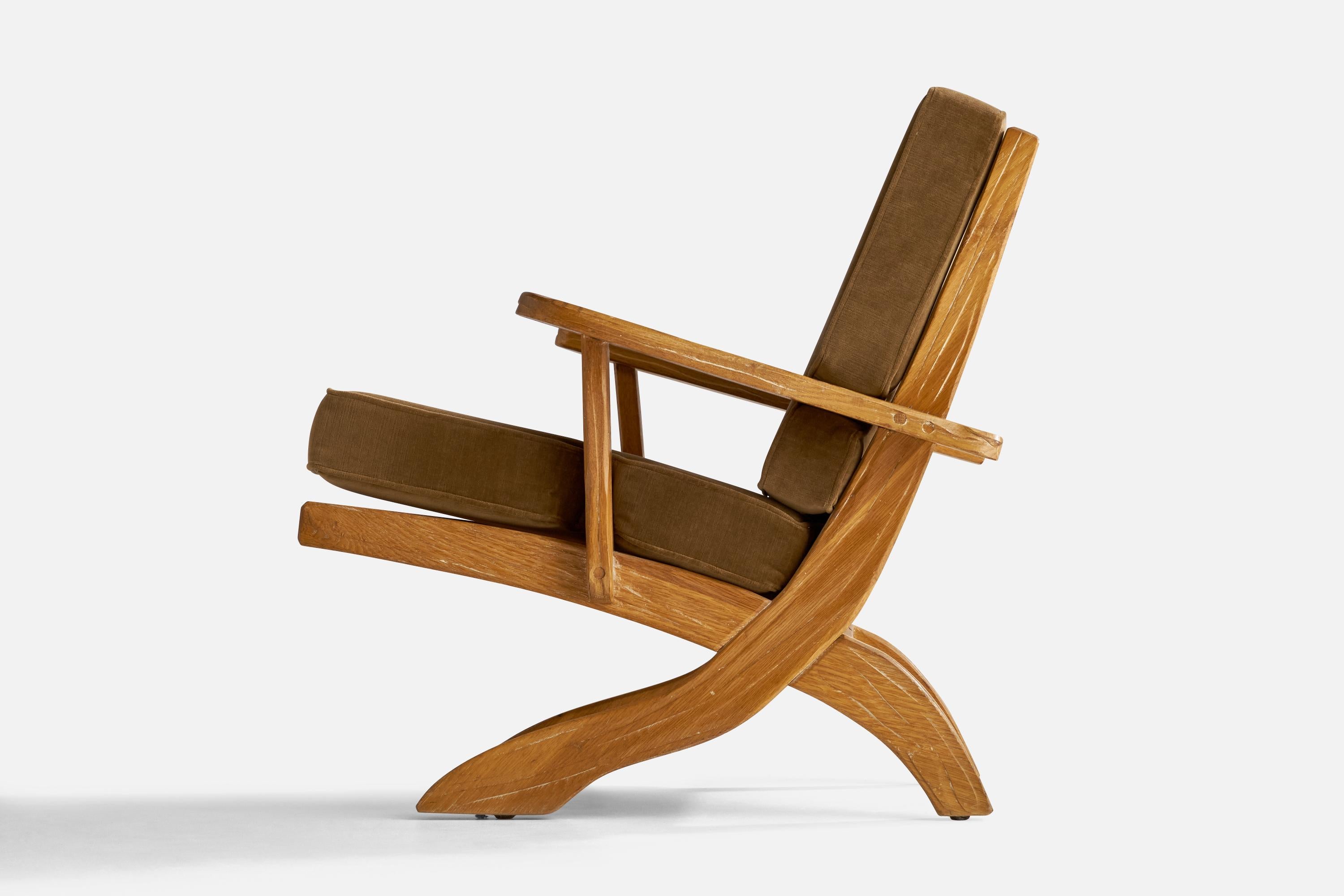 American A. Brandt Ranch Oak, Lounge Chair, Velvet, Oak, USA, 1950s