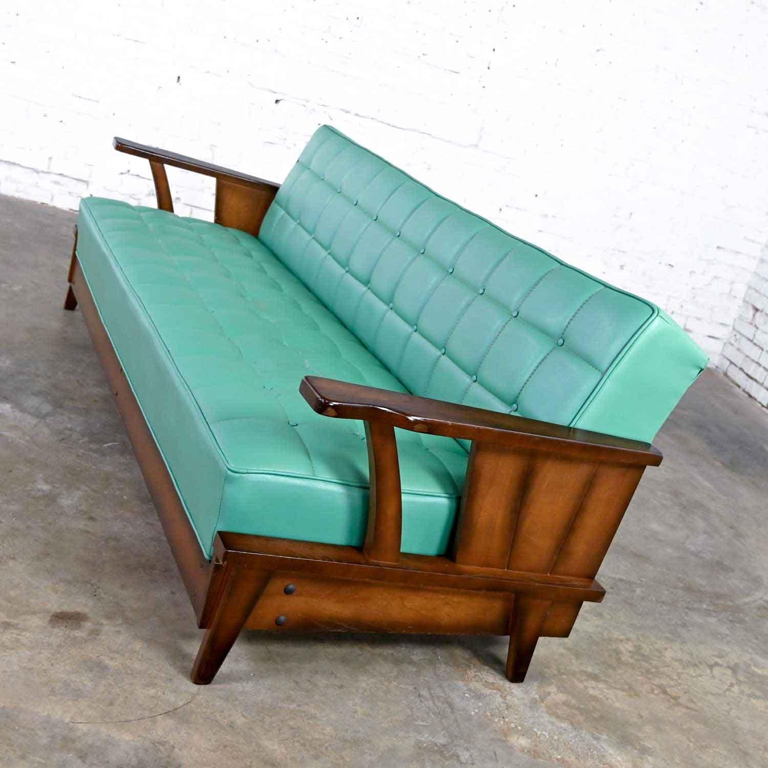 Brandt Ranch Oak Style Turquoise Vinyl Convertible Sofa Daybed by Economy Furn In Good Condition In Topeka, KS