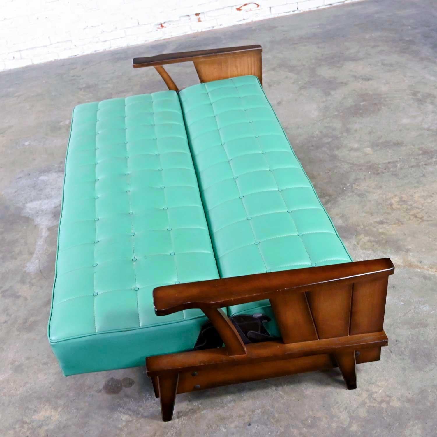 20th Century Brandt Ranch Oak Style Turquoise Vinyl Convertible Sofa Daybed by Economy Furn