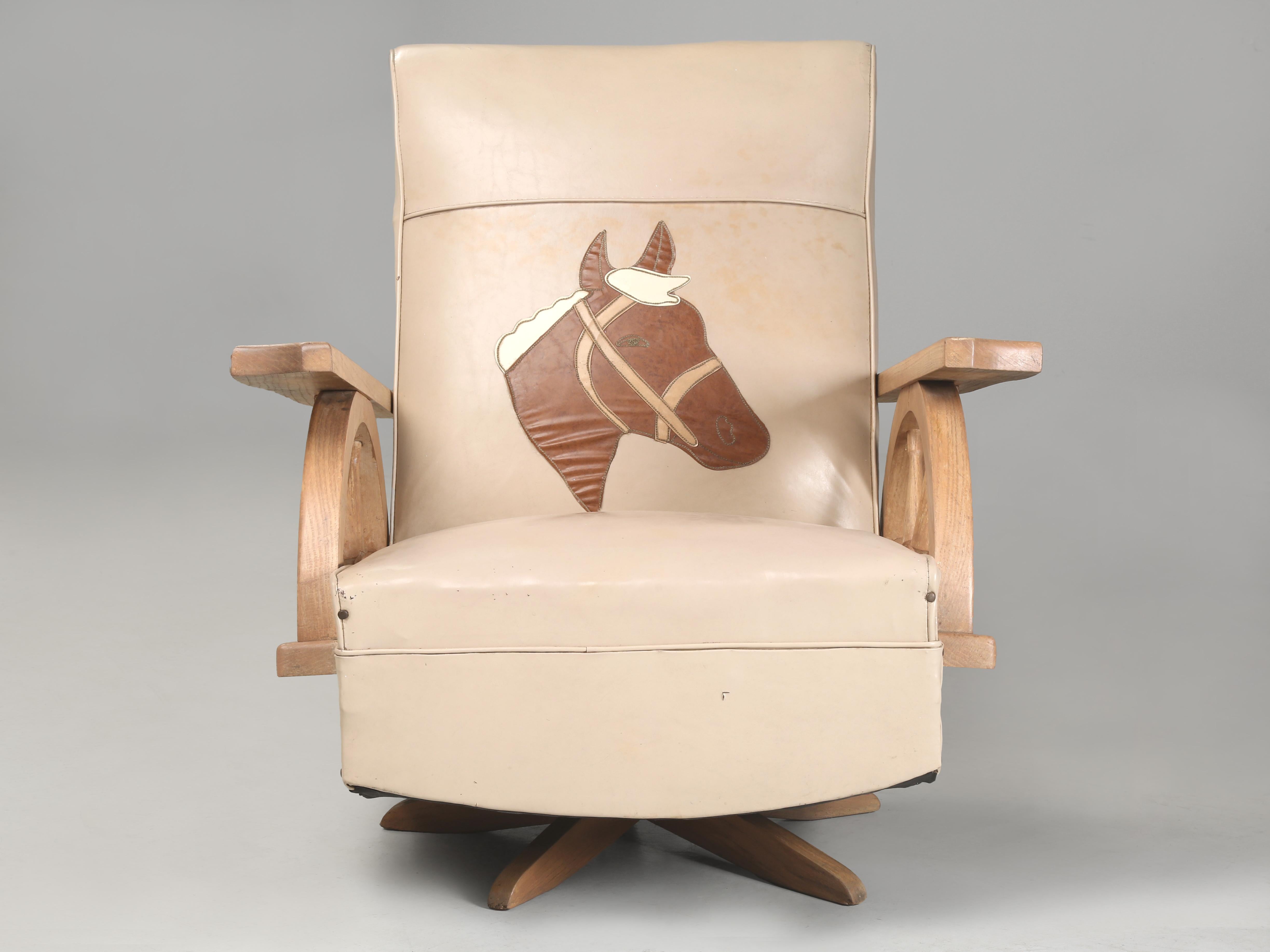 Hand-Crafted A. Brandt Ranch Oak Swivel Rocking Chair in Original Western Cowboy Upholstery For Sale