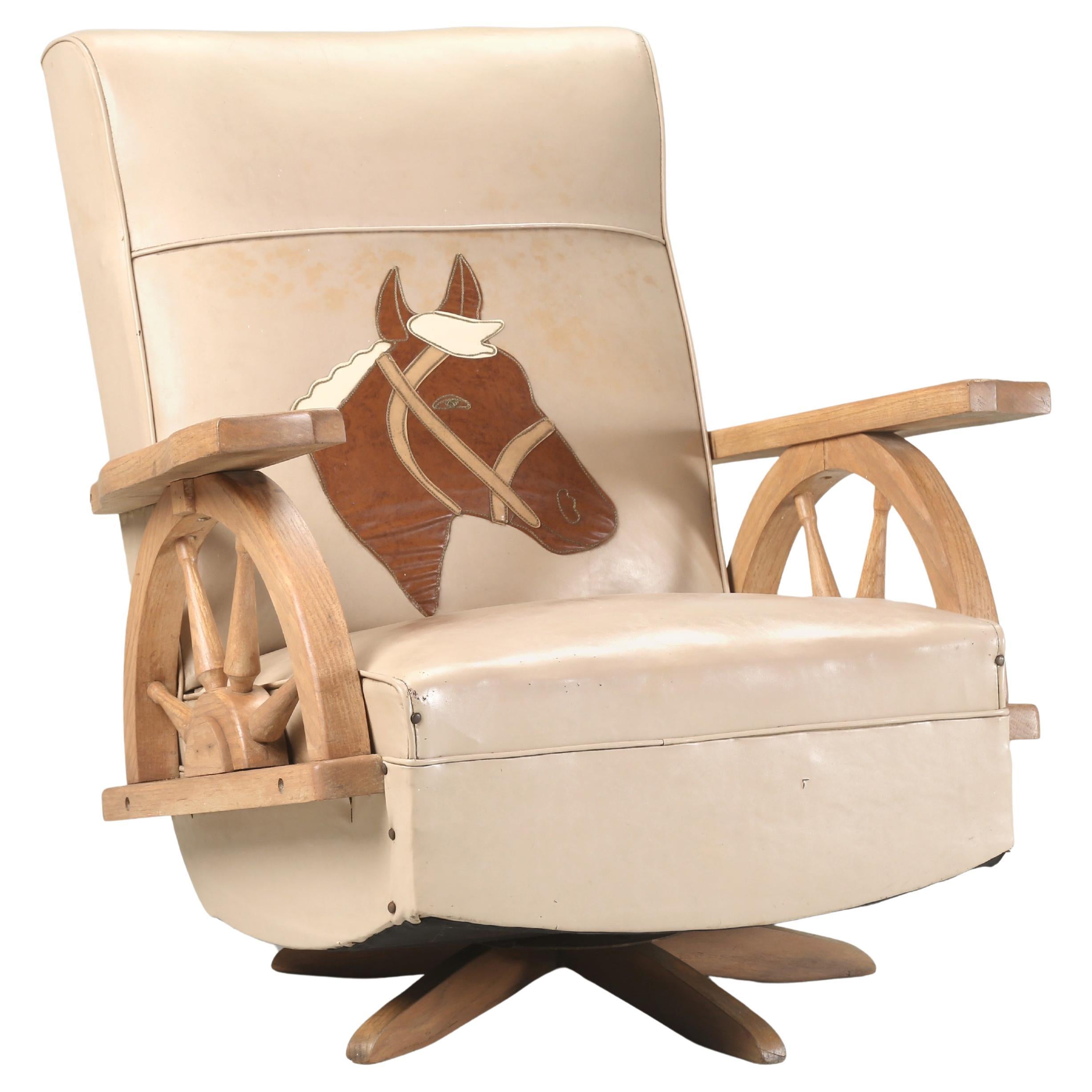 A. Brandt Ranch Oak Swivel Rocking Chair in Original Western Cowboy Upholstery For Sale