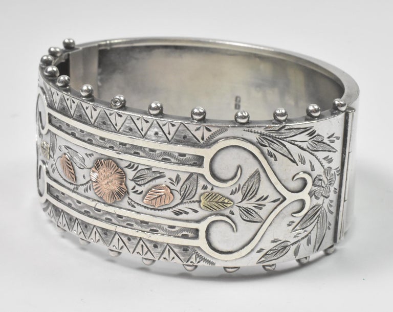 A. Brandt and Son Victorian Sterling Silver Mixed Metals Bangle Bracelet  For Sale at 1stDibs
