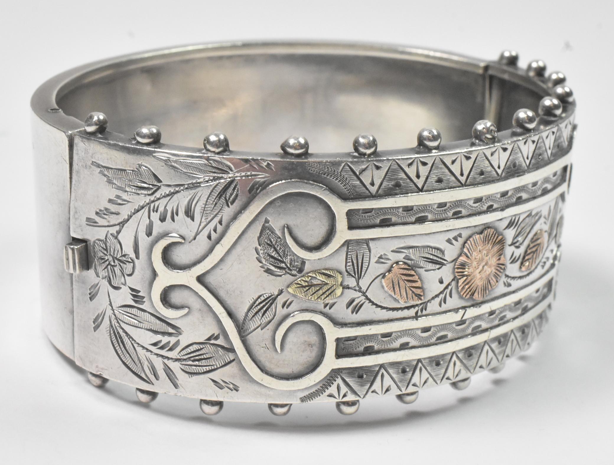A. Brandt & Son Victorian Sterling Silver Mixed Metals Bangle Bracelet In Good Condition For Sale In Toledo, OH