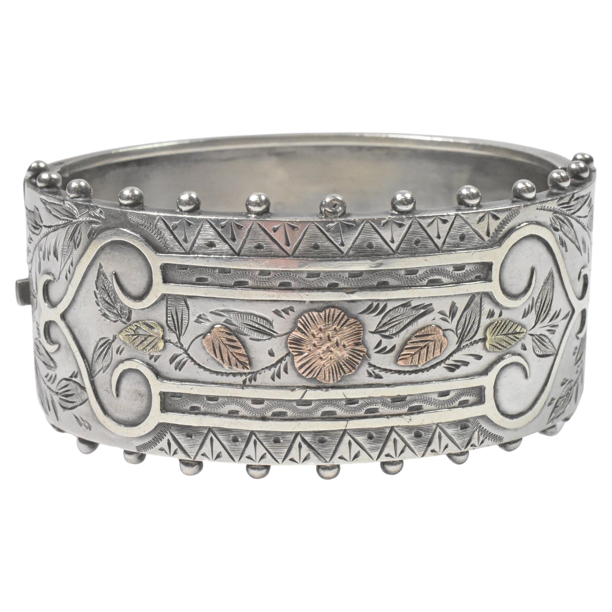 A. Brandt & Son Victorian Sterling Silver Mixed Metals Bangle Bracelet For Sale