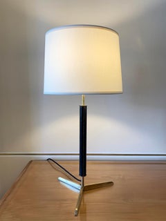 Brass and Black Leather Table Lamp, in the Manner of Jacques Adnet