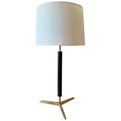 Brass and Black Leather Table Lamp, in the Manner of Jacques Adnet