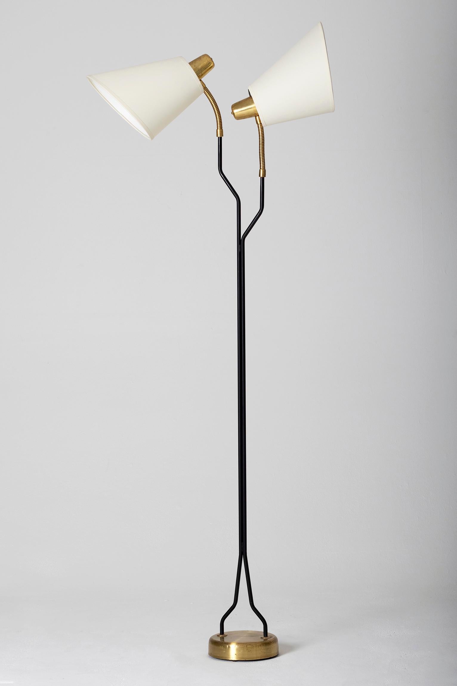 Mid-Century Modern Brass and Black Midcentury Two Arm Floor Lamp