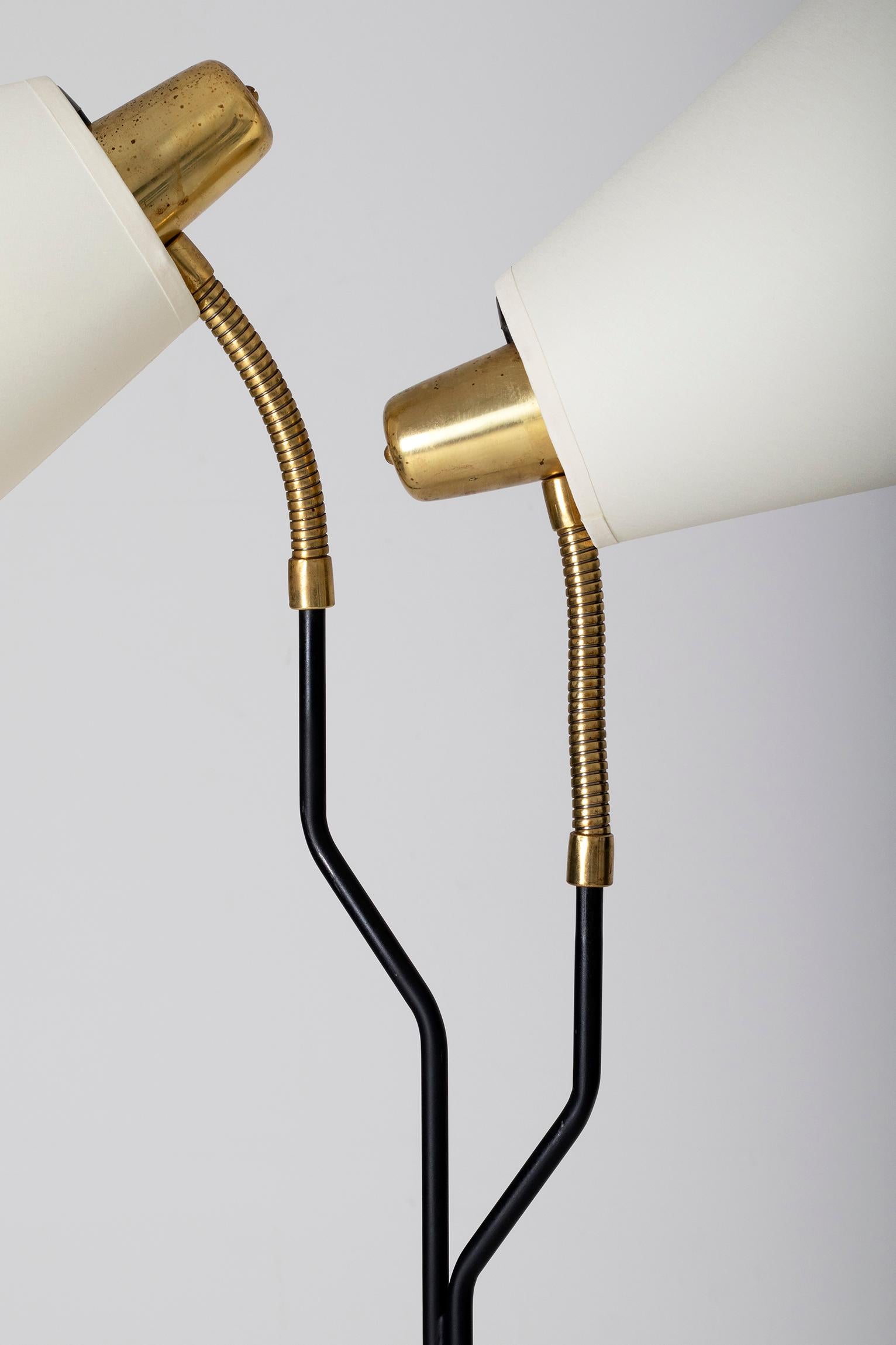 Brass and Black Midcentury Two Arm Floor Lamp In Good Condition In London, GB