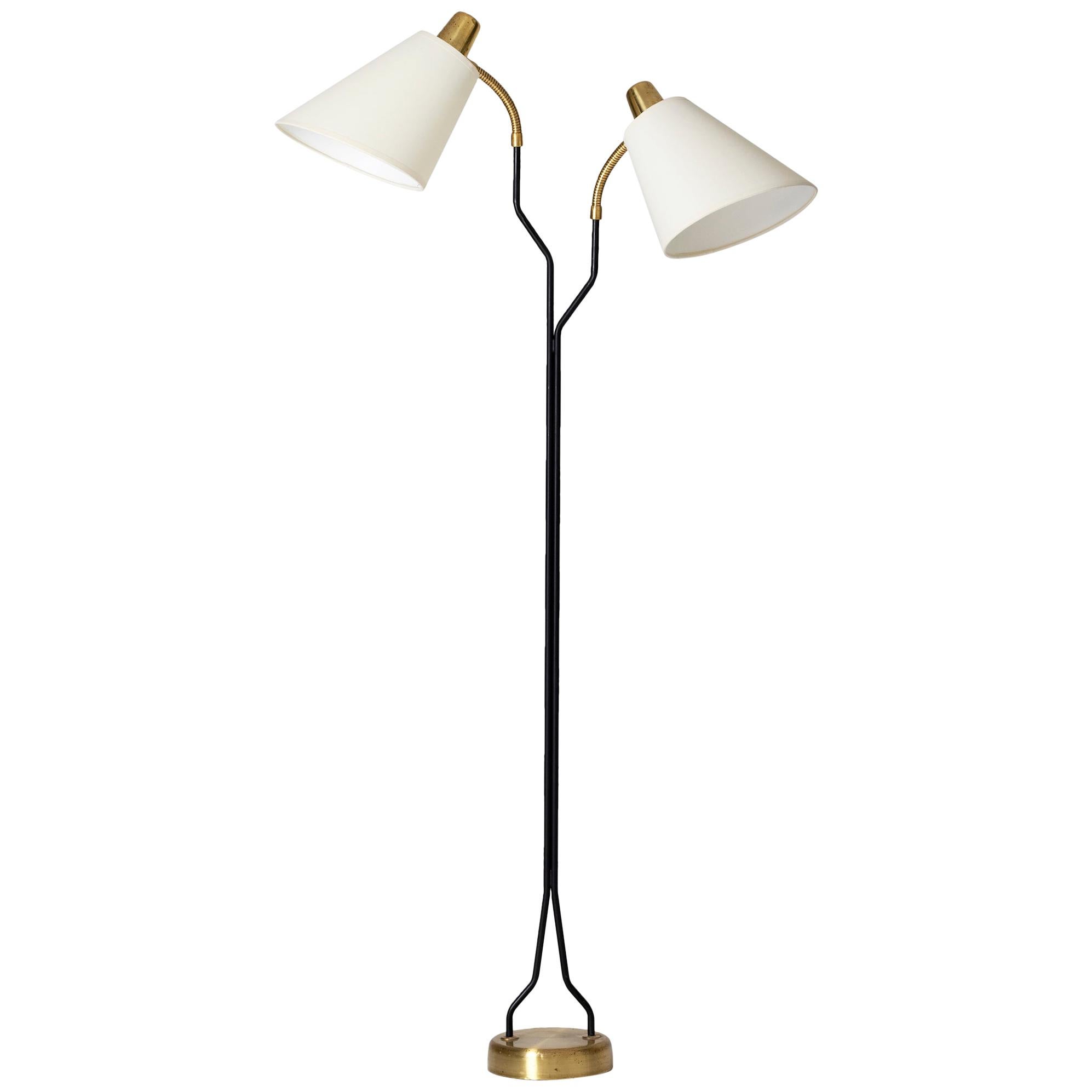 Brass and Black Midcentury Two Arm Floor Lamp
