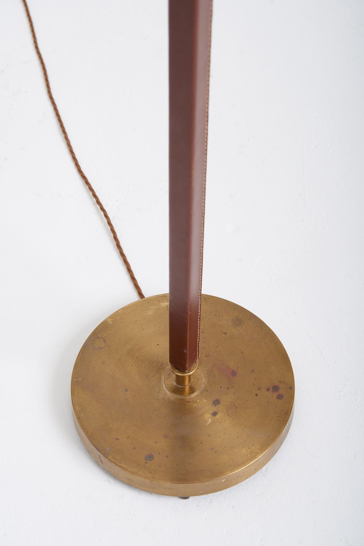 Mid-Century Modern Brass and Brown Leather Floor Lamp by Falkenbergs Belysning