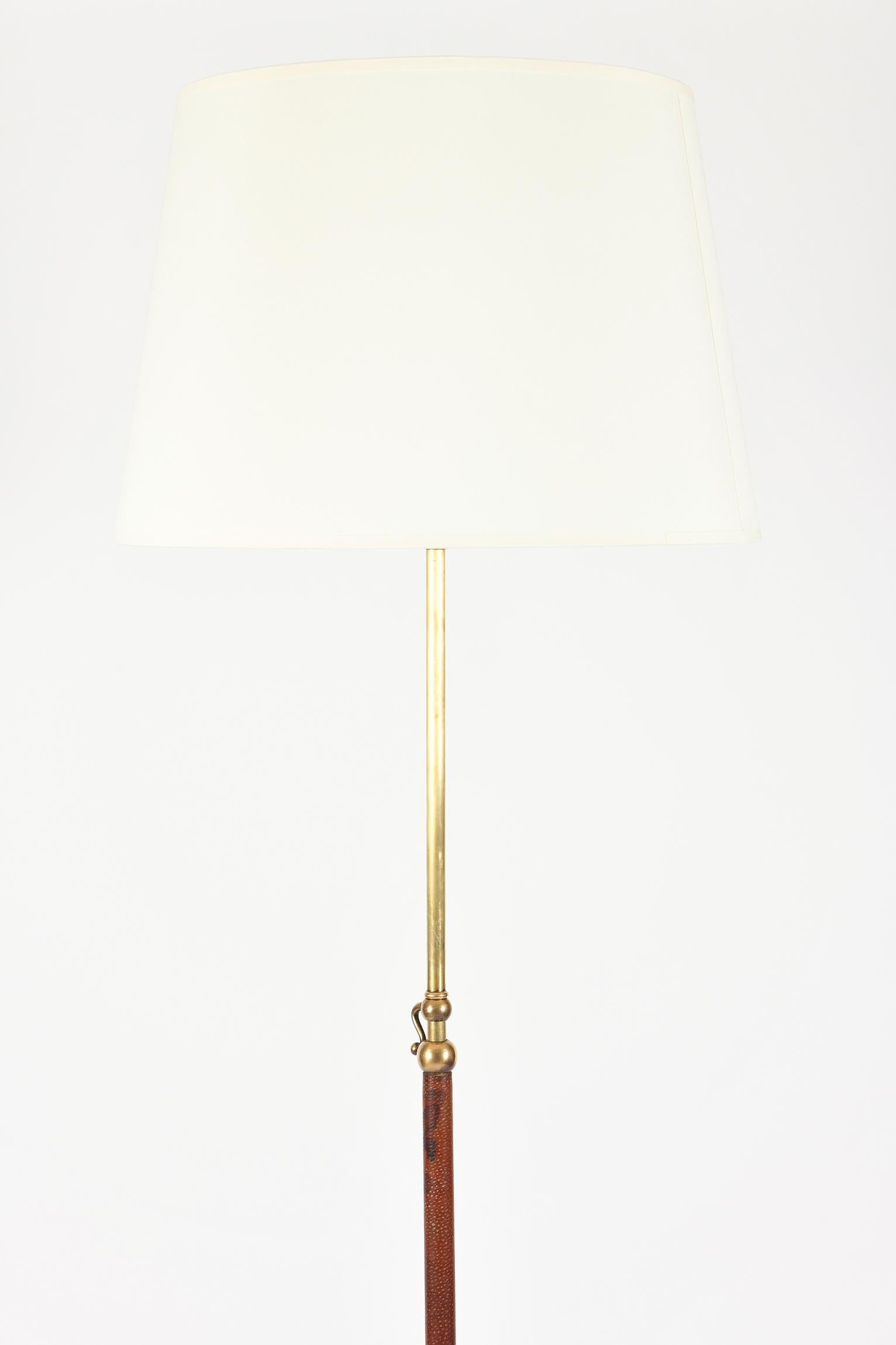 French Brass and Brown Leather Floor Lamp, in the Manner of Jacques Adnet
