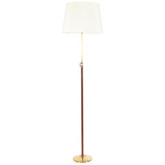 Brass and Brown Leather Floor Lamp, in the Manner of Jacques Adnet