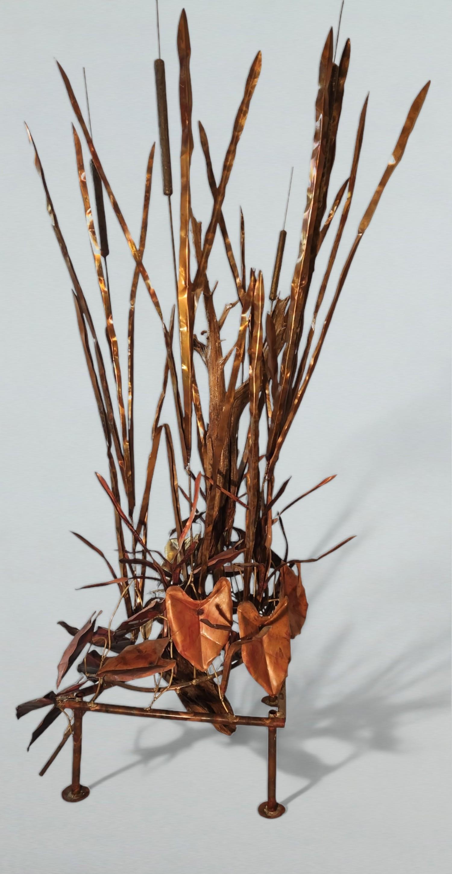 6' Brass and Copper Marsh Grass, Cattails and Driftwood Curtis Jere Style 1970s For Sale 1