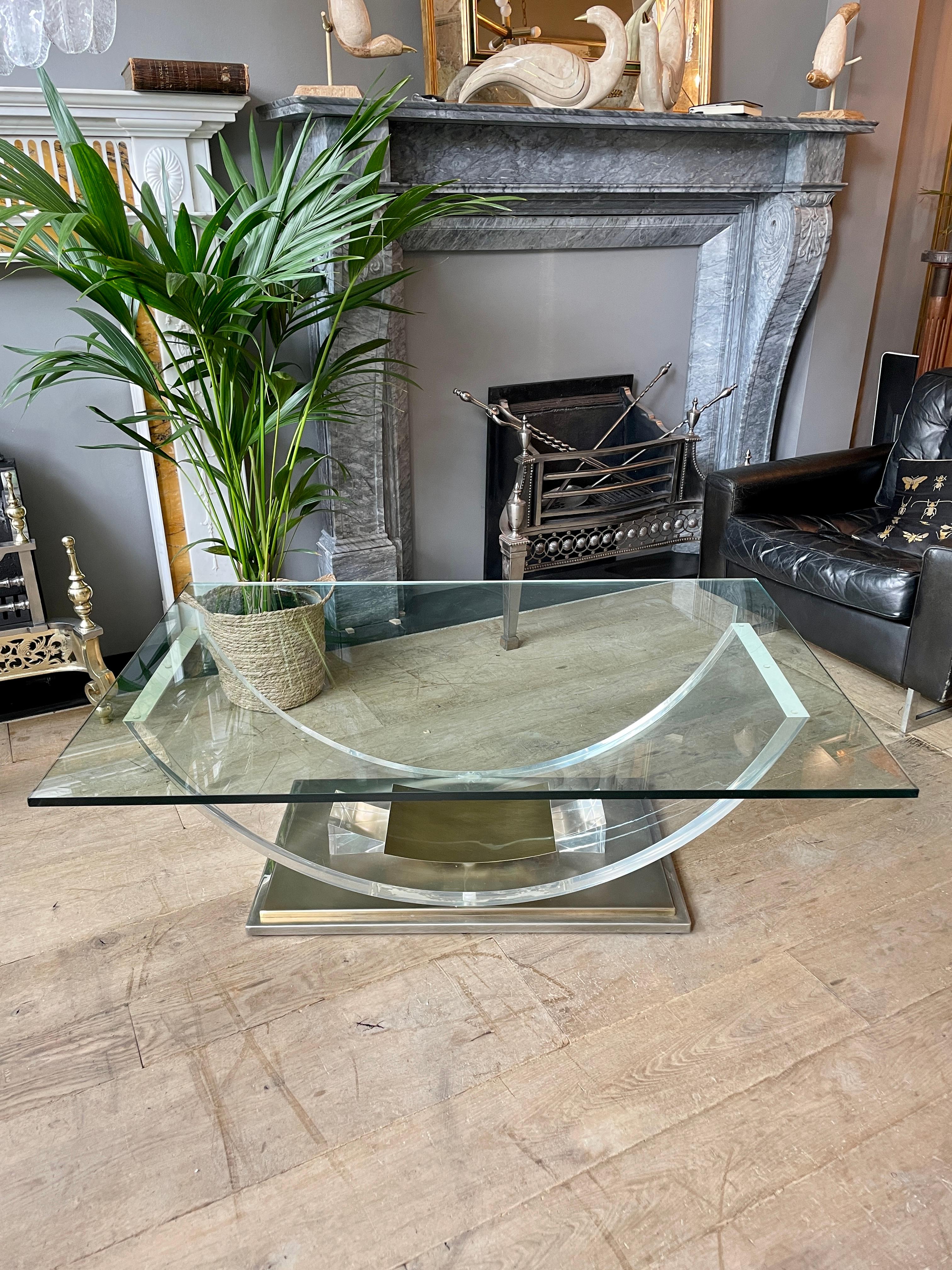 Brass, Chrome and Lucite Coffee Table by Belgo Chrome  For Sale 1