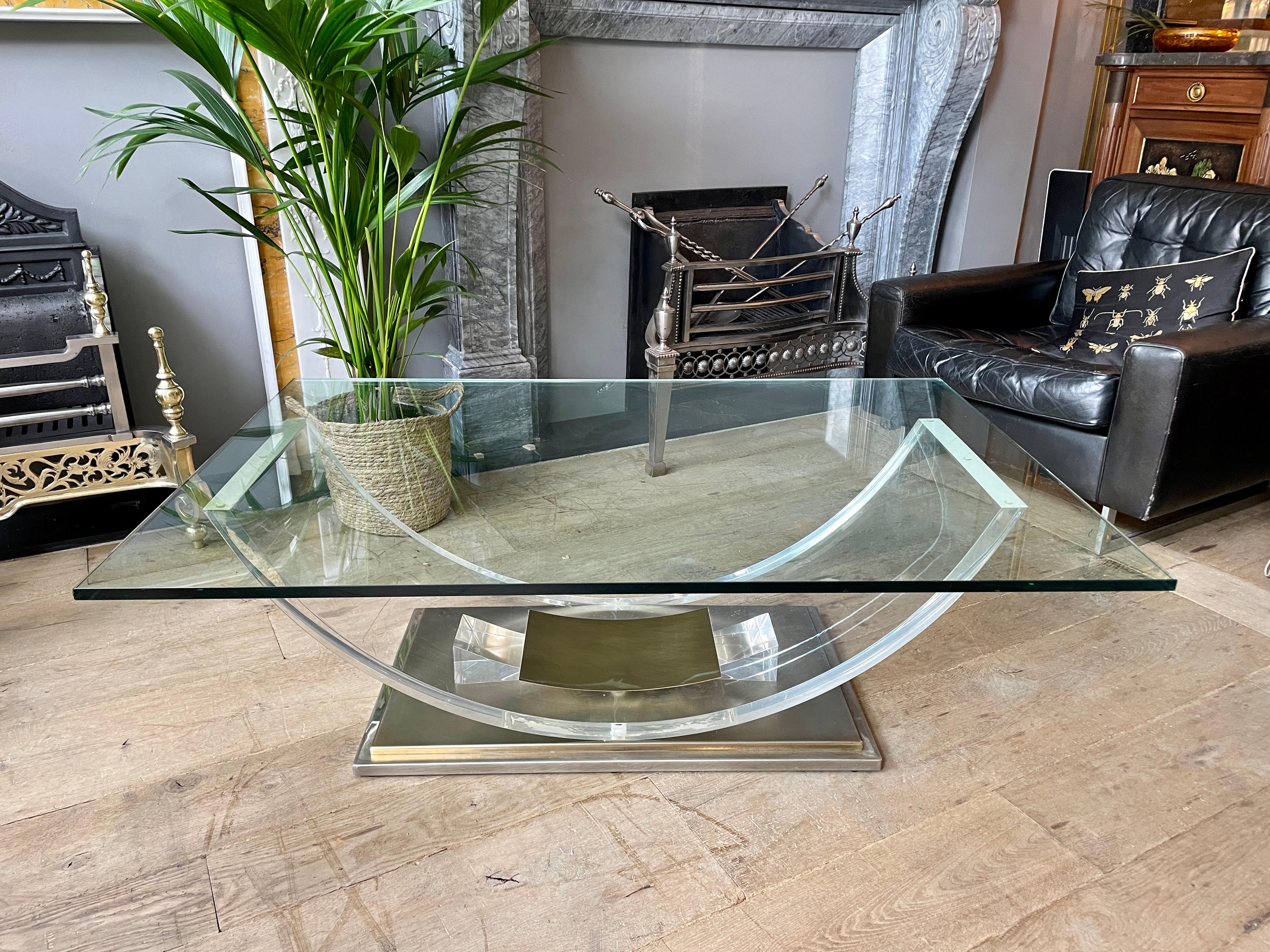 Brass, Chrome and Lucite Coffee Table by Belgo Chrome  For Sale 2