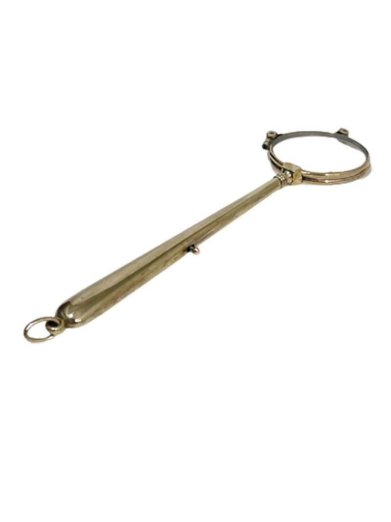 A brass face-a-main Lorgnette, ca. 1870

A brass face-a-main Lorgnette. 
These are 19th century hinged spring reading glasses designed in the early 19th century by the Frenchman M. Lepage. The glasses disappear double folded at the top of the stem.