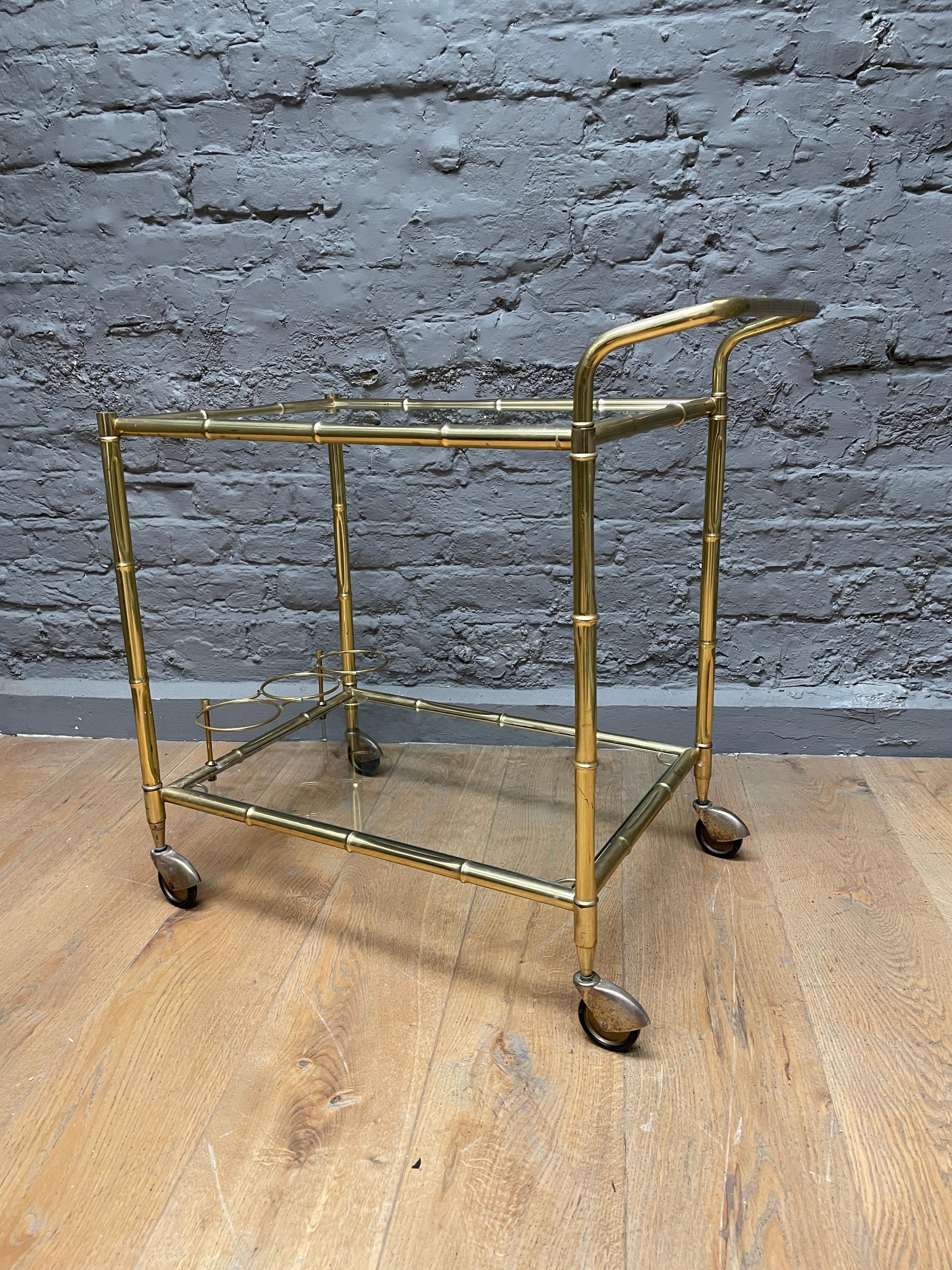 Mid-Century Modern Brass Faux Bamboo Bar Cart For Sale